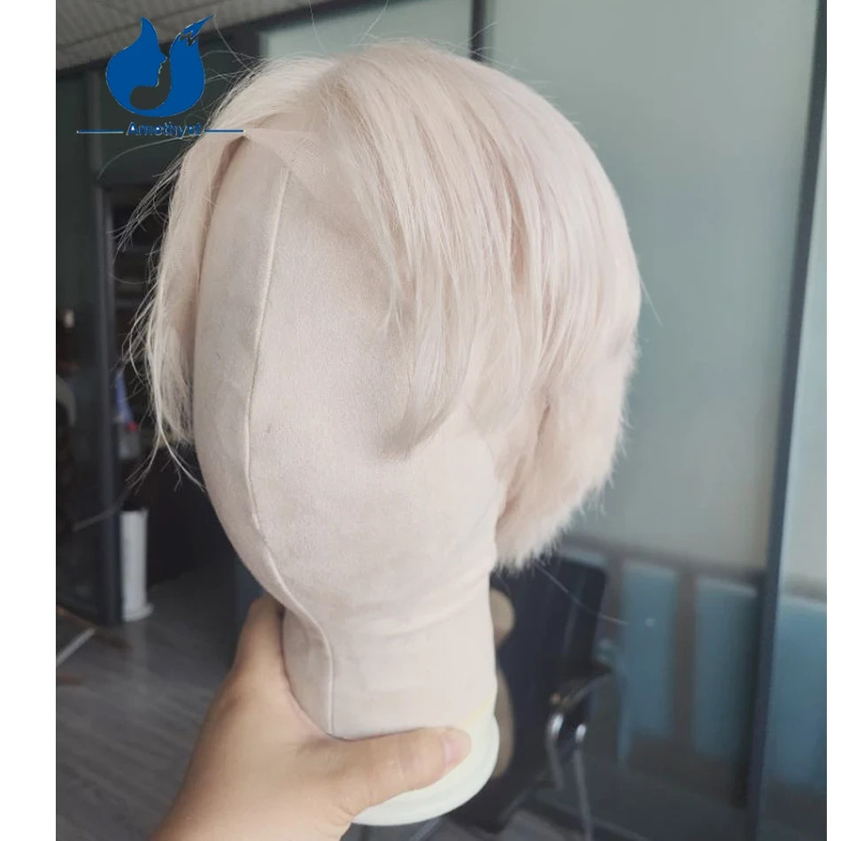 Pre Styled White Platinum Blonde Male Wig Human Hair Short Cut Full Lace Wig #60