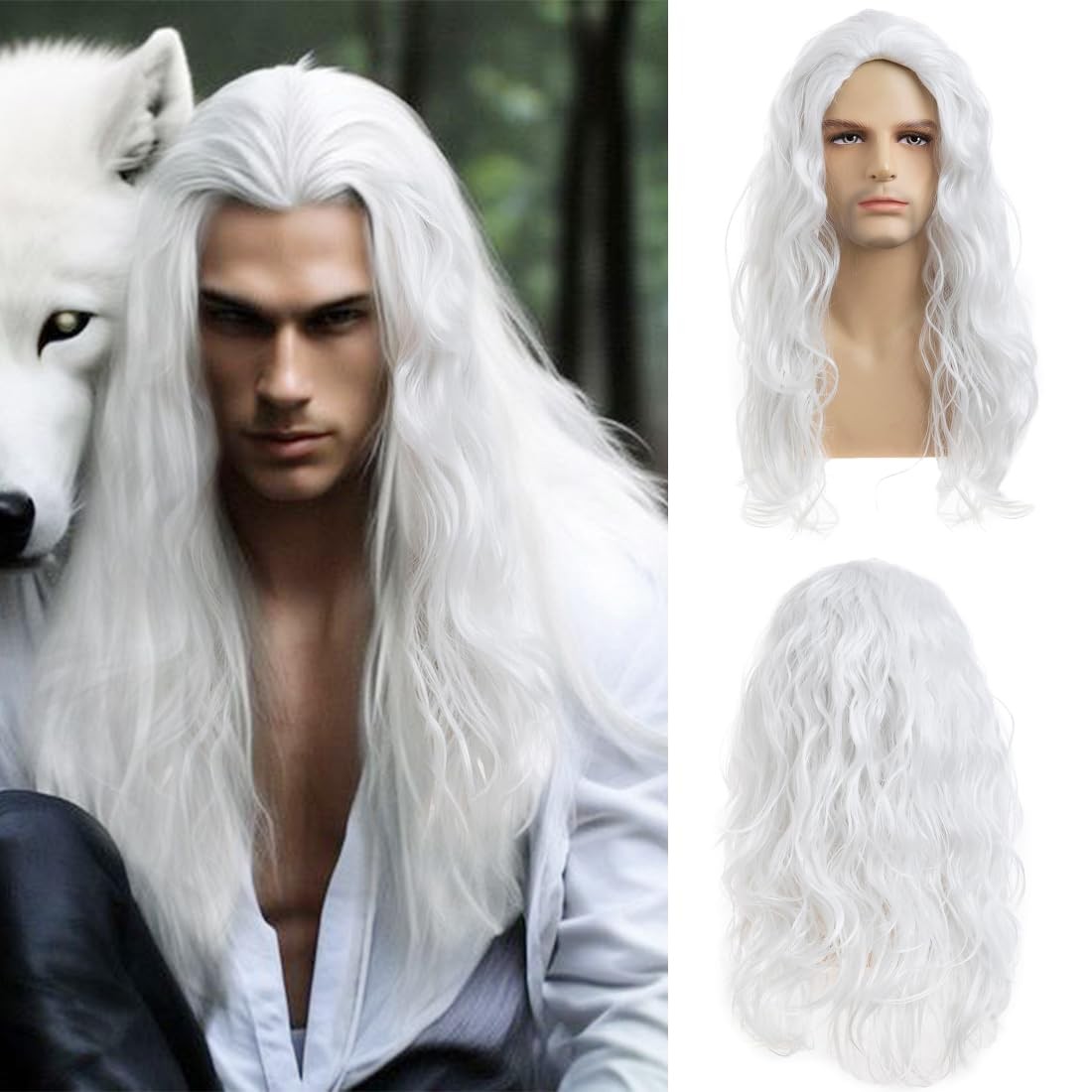 Mens White Wig Long Curly Wavy Wig for Men Middle Part Synthetic Heat Resista…