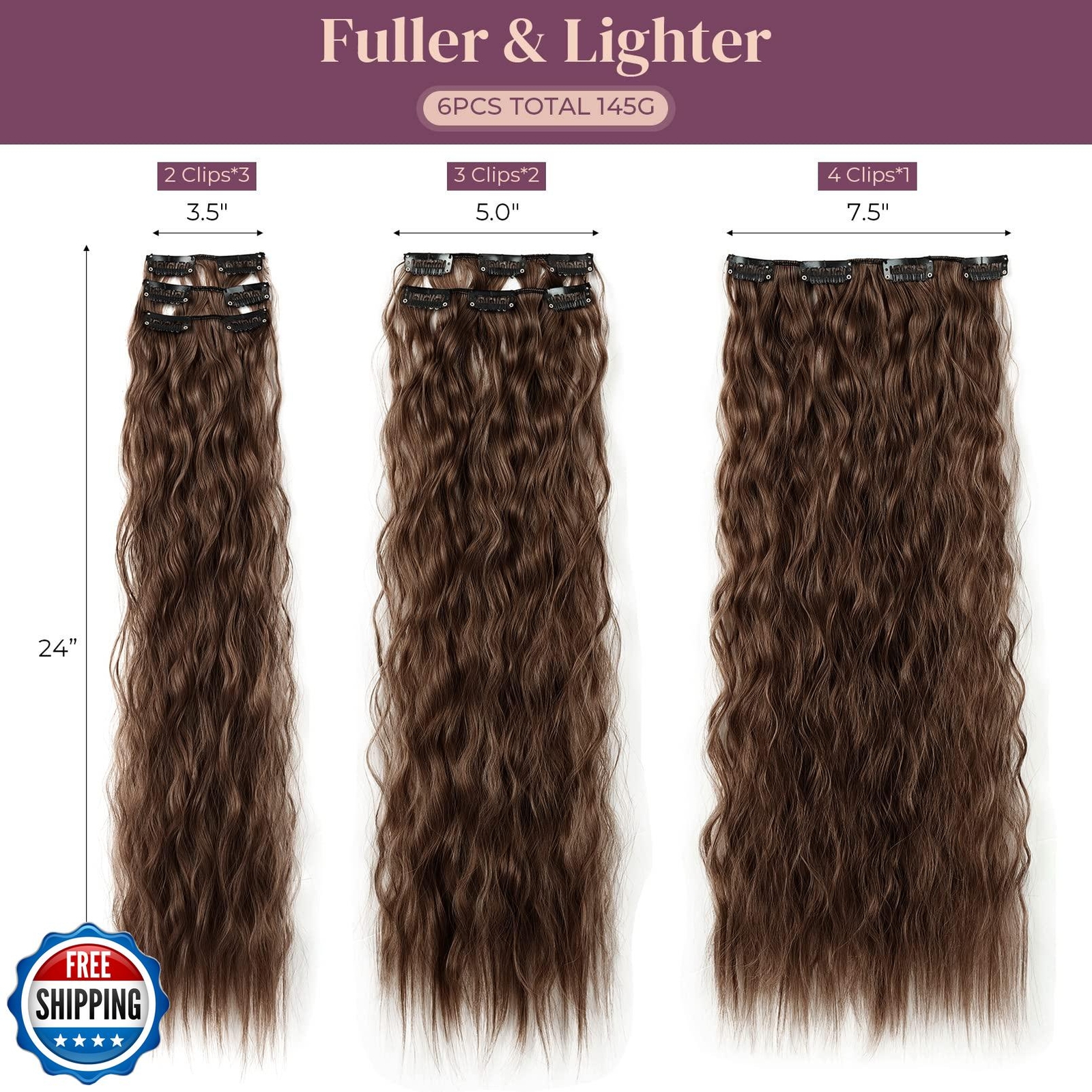 LONAI Clip In Hair Extensions, 6PCS Curly 24″ Long Synthetic Clip On Hairpiec