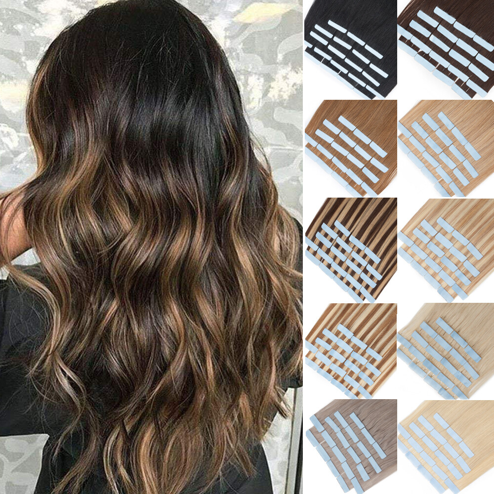 10-80PCS THICK Tape In Russian Remy Human Hair Extensions Skin Weft Blonde White