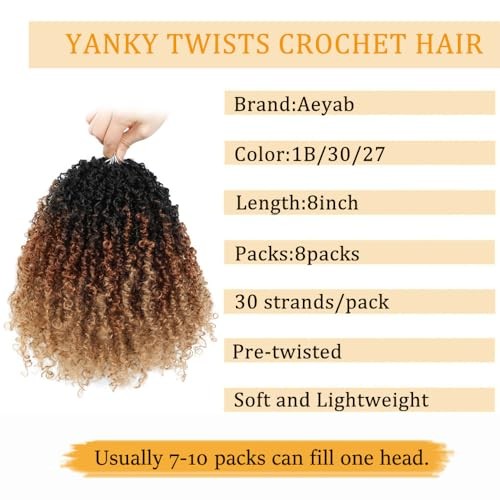 8 Packs Yanky Twist Crochet Hair Pre-looped Crochet 8 Inch (Pack of 8) 1B/30/27