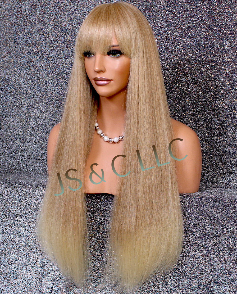 Human hair Blend Full Wig Heat OK Blonde mix straight blunt bangs MG T27/613
