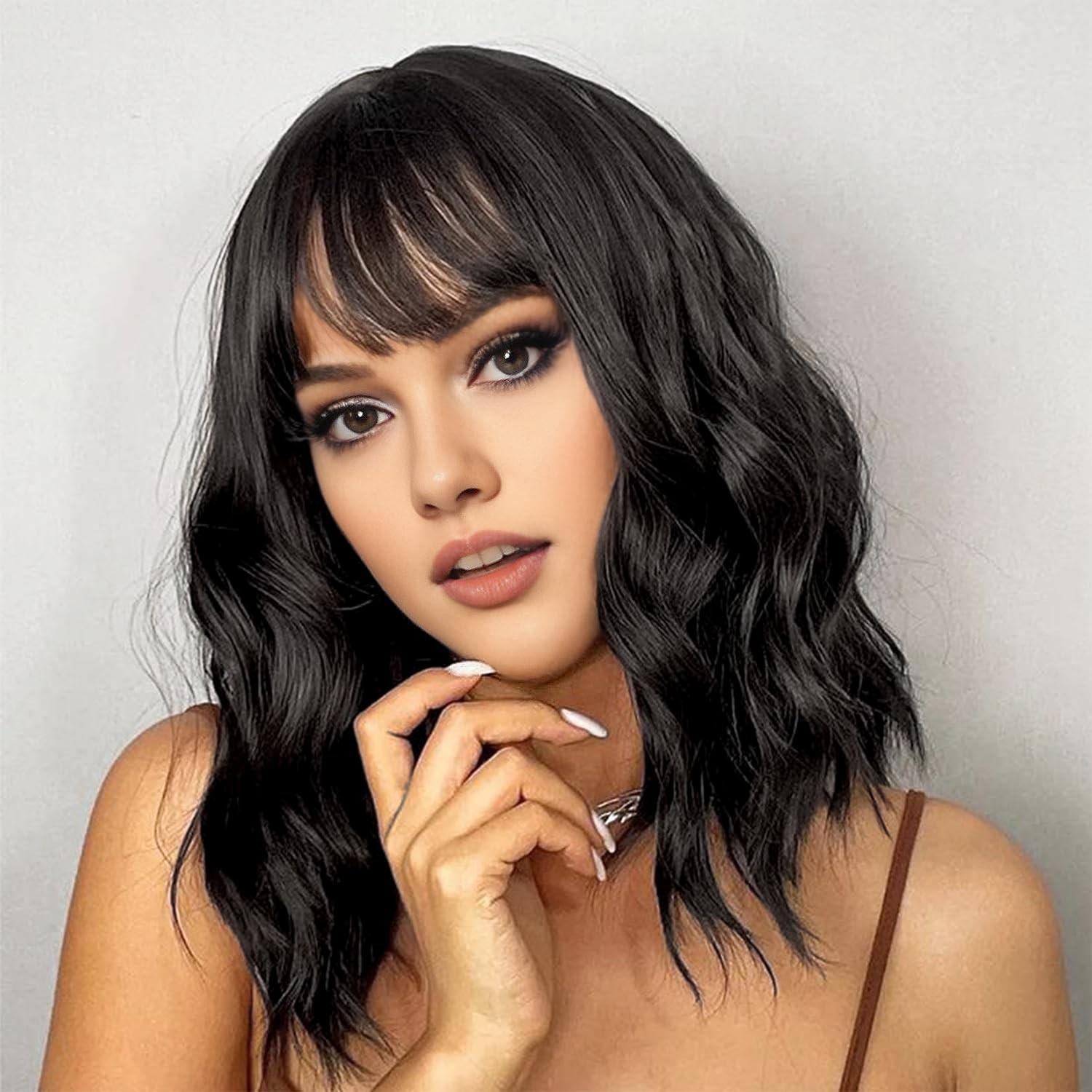 Pink Wigs Short Wavy Hair Pastel Bob Wig with Bangs Shoulder Length Synthetic Wi