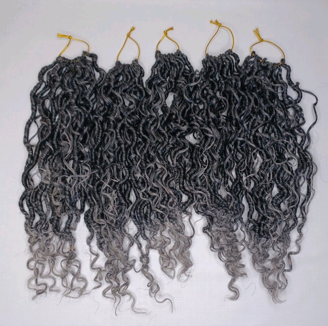 14 Inch Black & Grey Ombre Synthetic Hair Curly 5 Bundles 60 Strands Total
