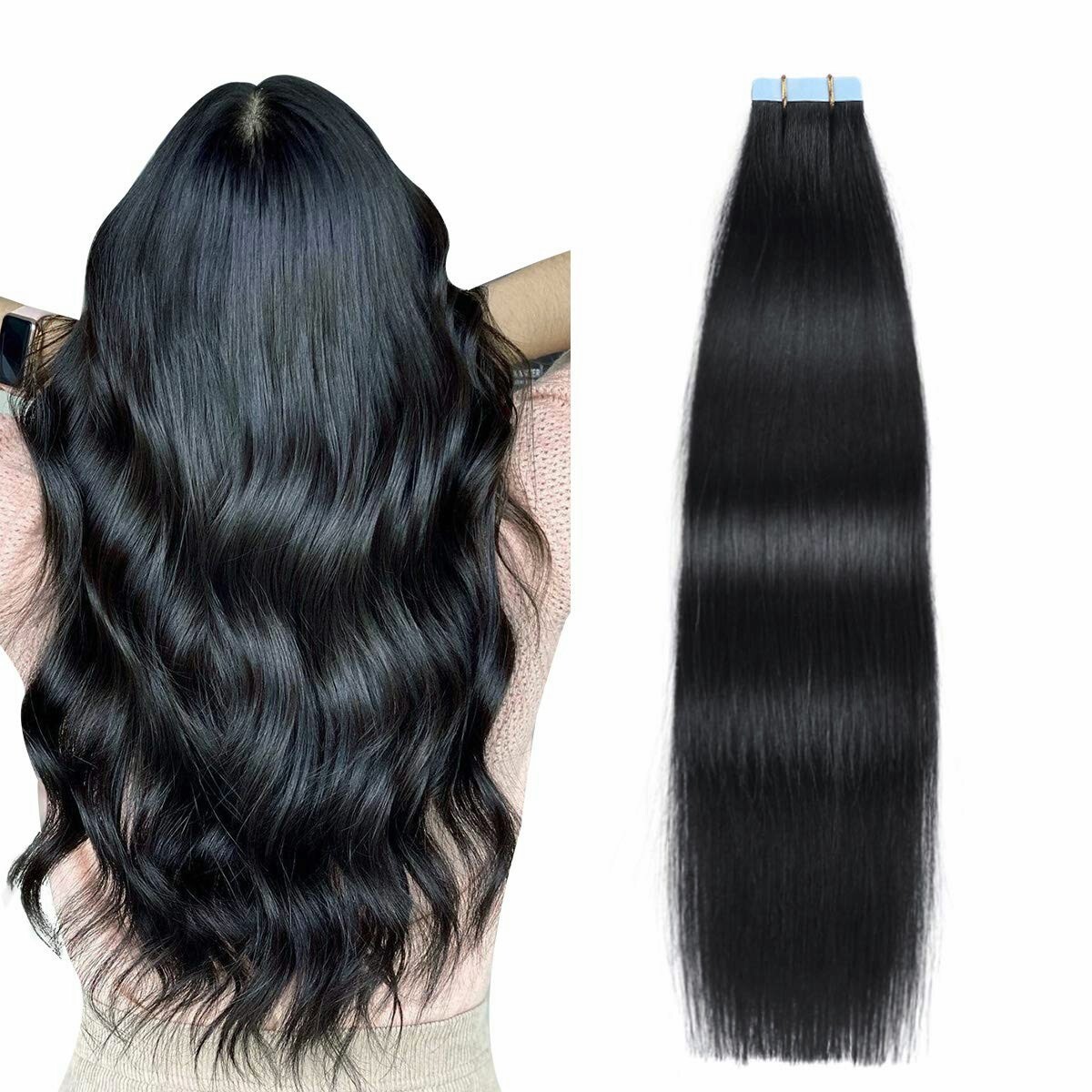 Tape in Hair Extensions Jet Black 100% Tape in Remy Human Hair 20 inches 20pcs 5