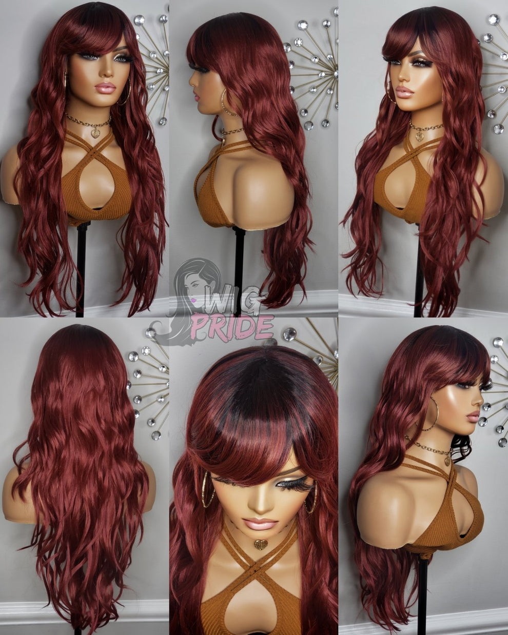 New Long Burgundy Red Wavy Full Cap Wig Bang Style Heat Resistant Hair Womens