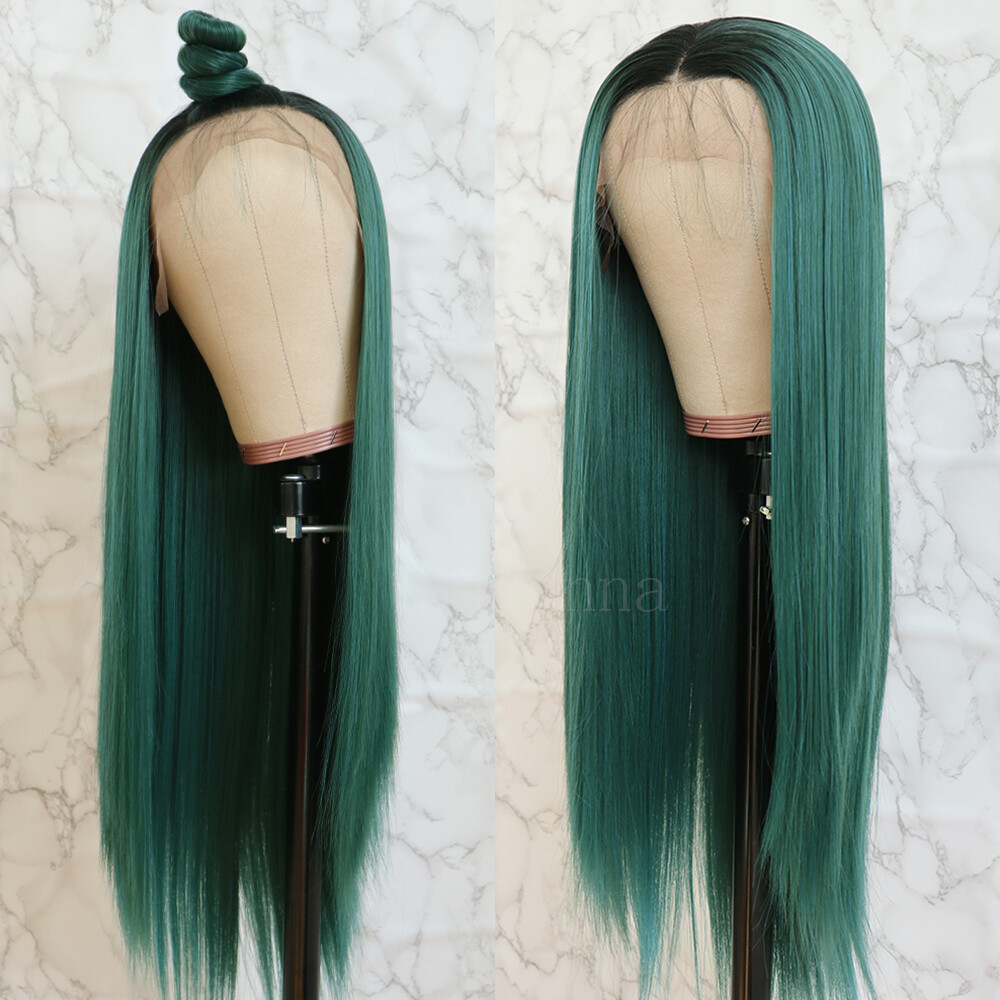 Ombre Green Color Synthetic Lace Front Wig Long Straight Hair Fashion Women Wigs