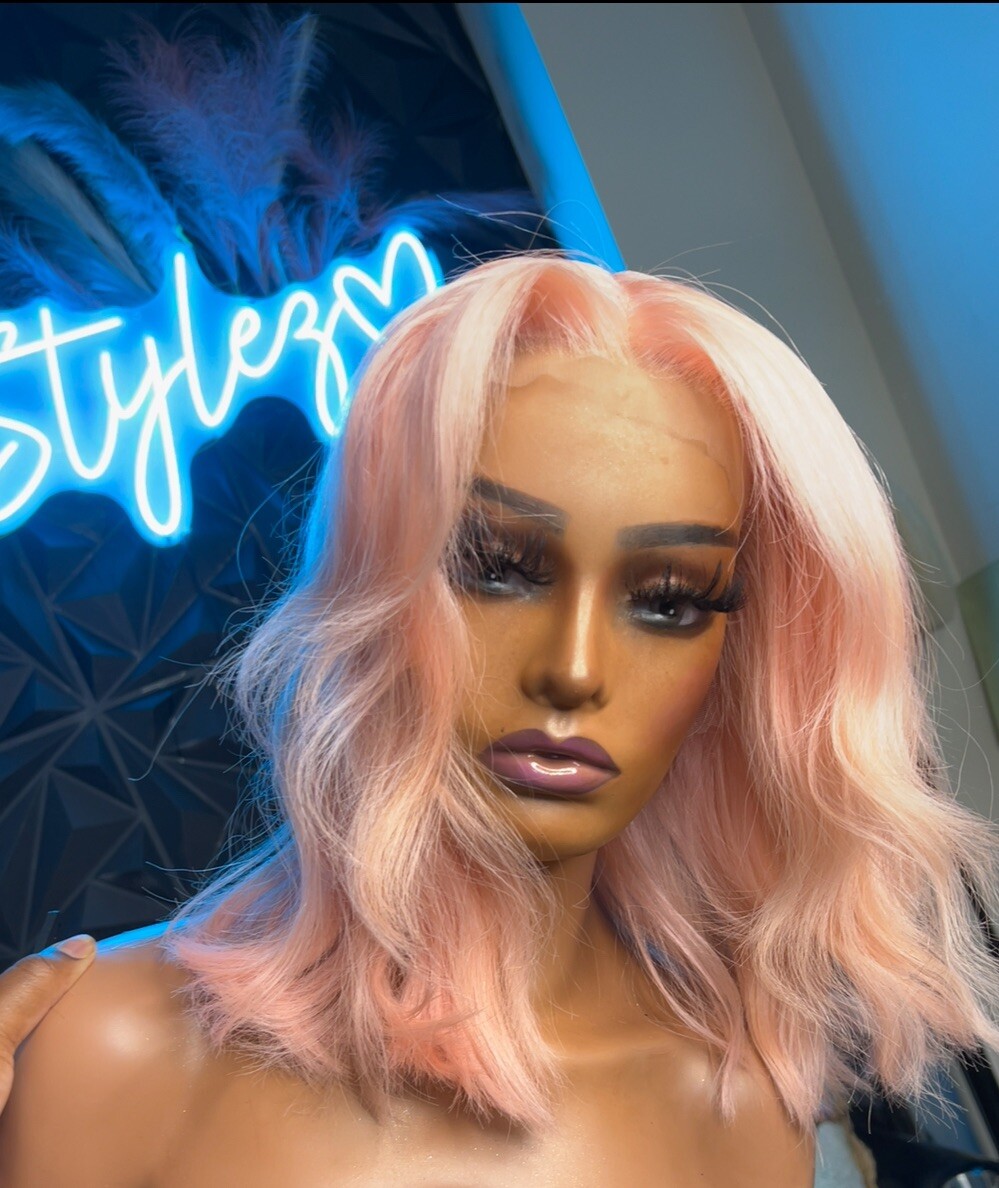 CUSTOM COLOR SOFT PINK WIG 12” 13×4 FRONTAL WIG , READY TO WEAR