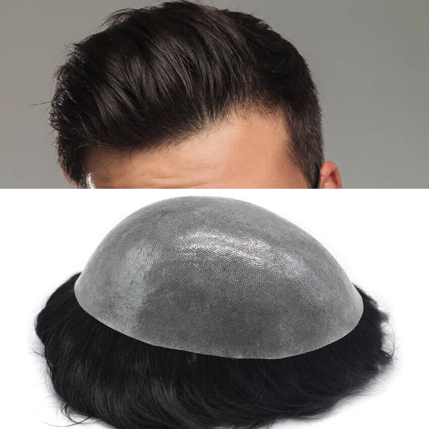 Mens Toupee Thin Skin 0.1mm Invisible Full Poly Hairpiece Human Hair Wig US