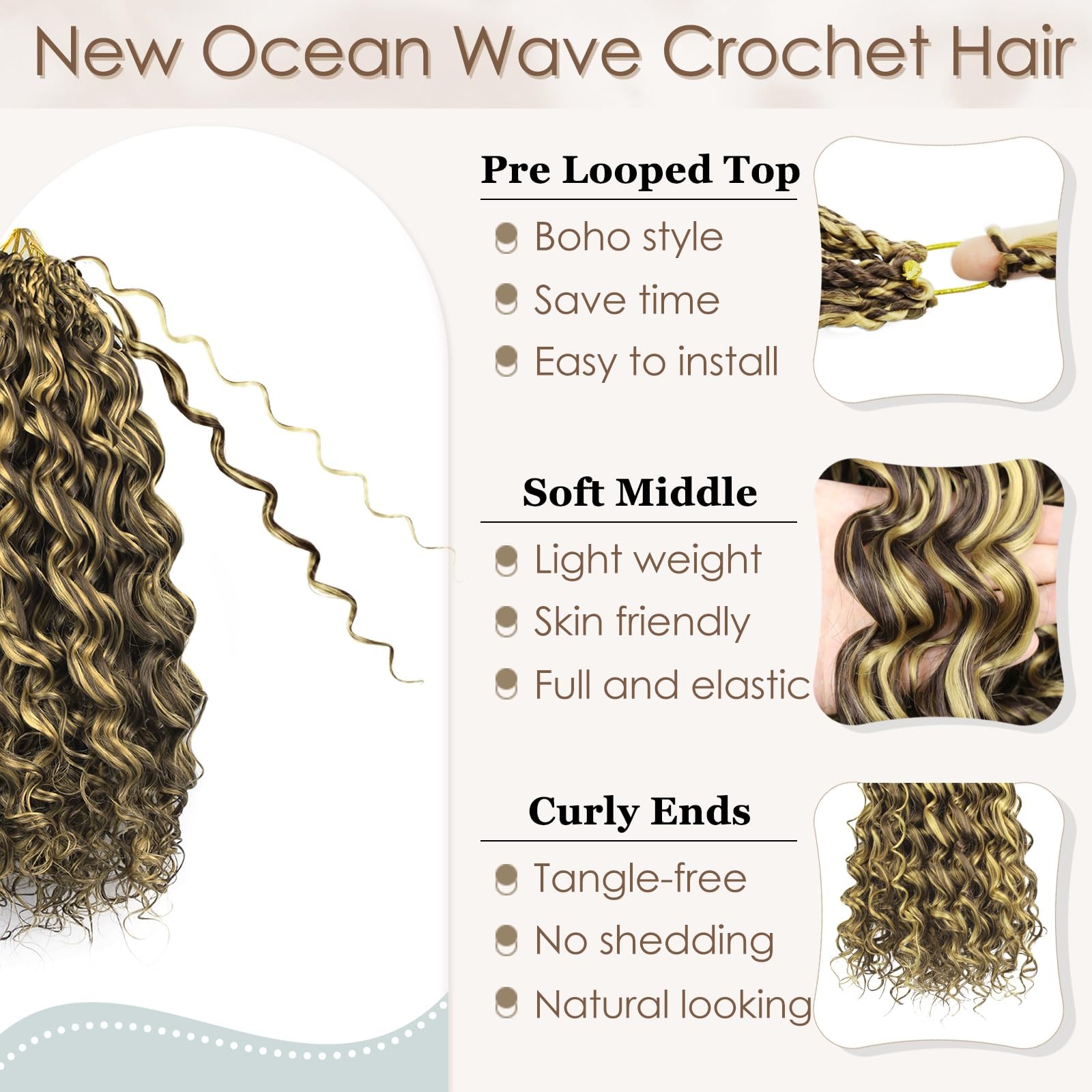 Pre Looped Ocean Wave Crochet Hair 14 Inch 8 Packs Boho Ocean Deep Water Wave…