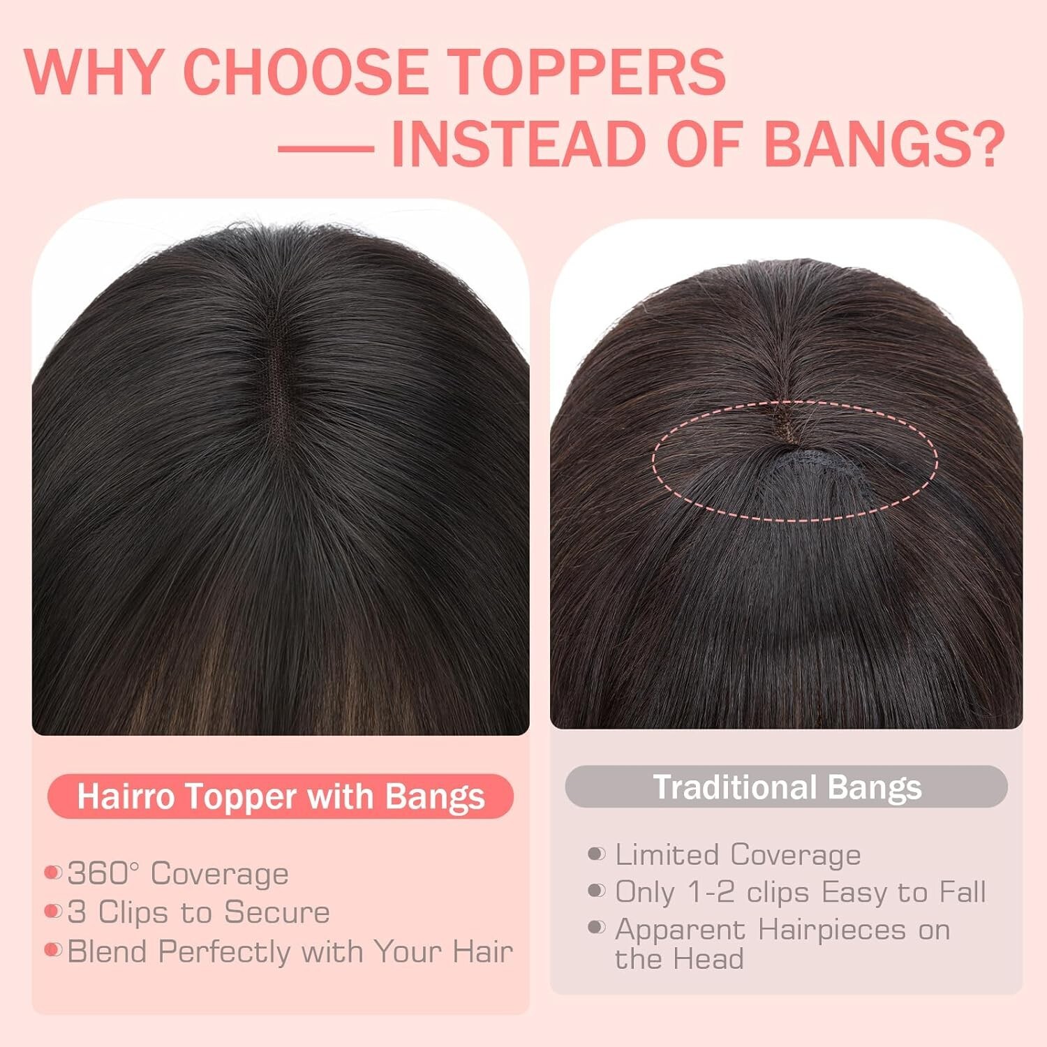 100% Human Hair Topper w/ Bangs 3D Clip on 10 In #1 Dark Black Greyish on Top