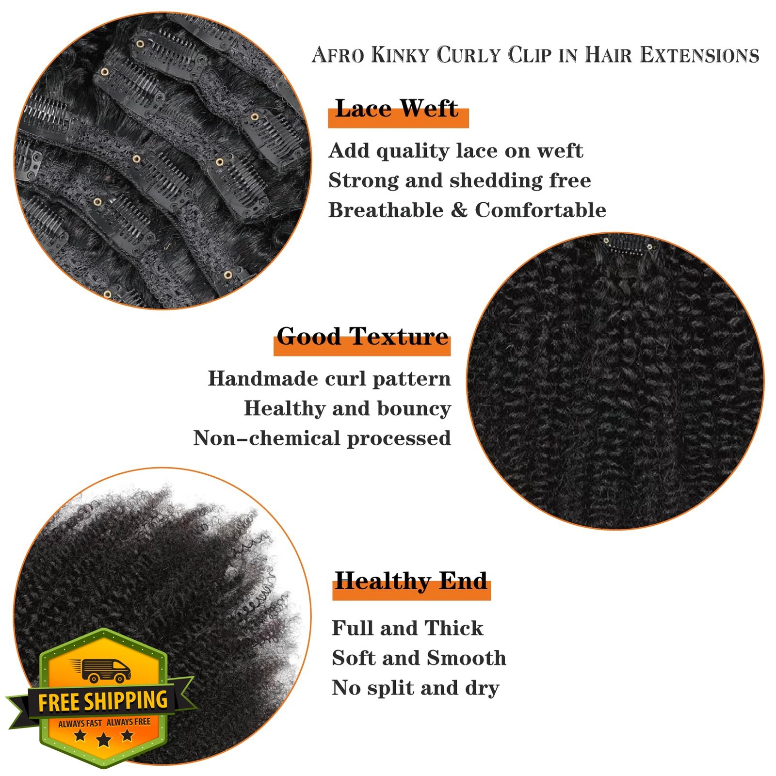 Yacurcur 4C Kinky Curly Clip in Hair Extensions 14 Inch Natural Black