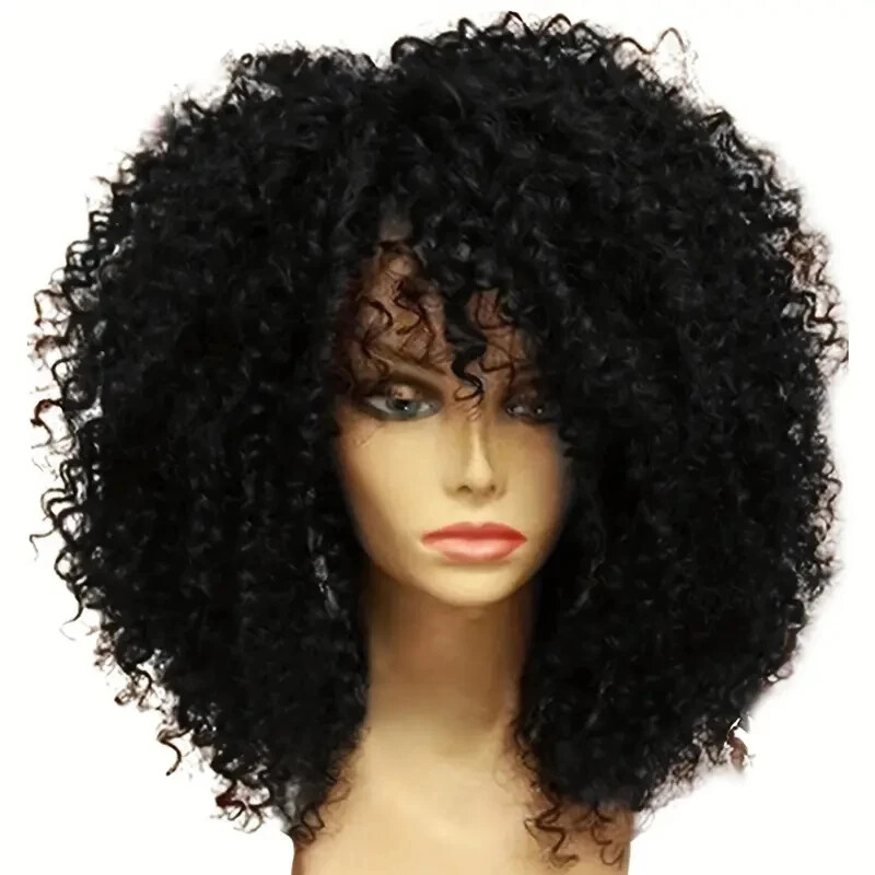 Afro Kinky Curly Wig 16 Inch Synthetic Hair with Bangs for Daily Wear