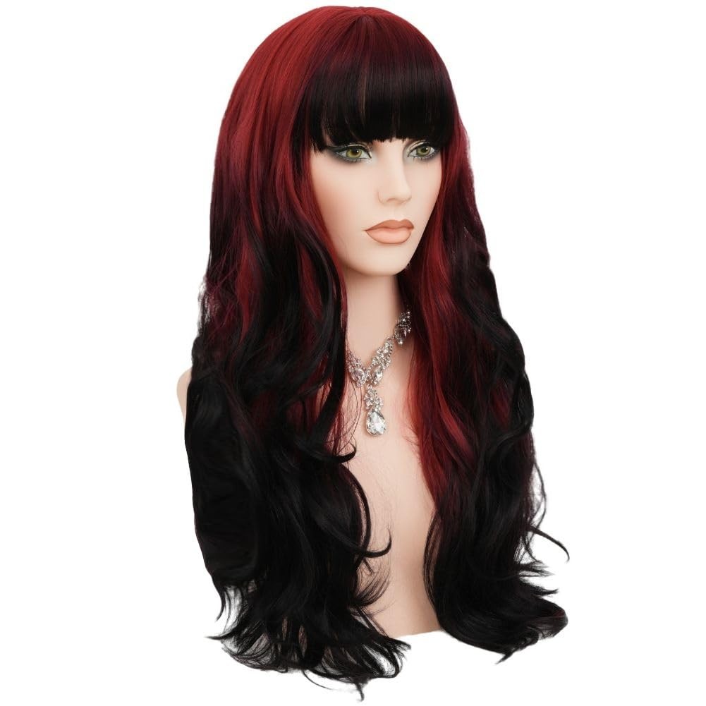 Red Black Long Wig with Bangs Womens Curly Wavy Ombre Red Hair Wig Heat Resis…