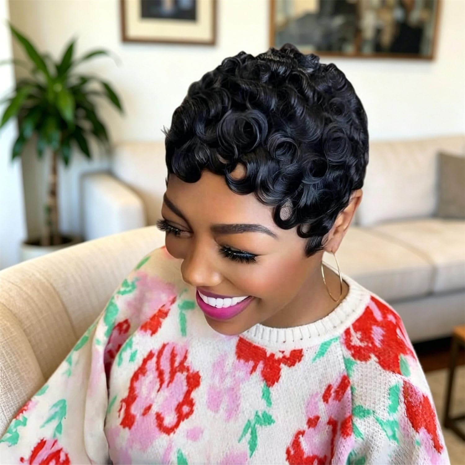 Short Pixie Cut Glueless Human Hair Curly Wig Finger Waves Natural Black