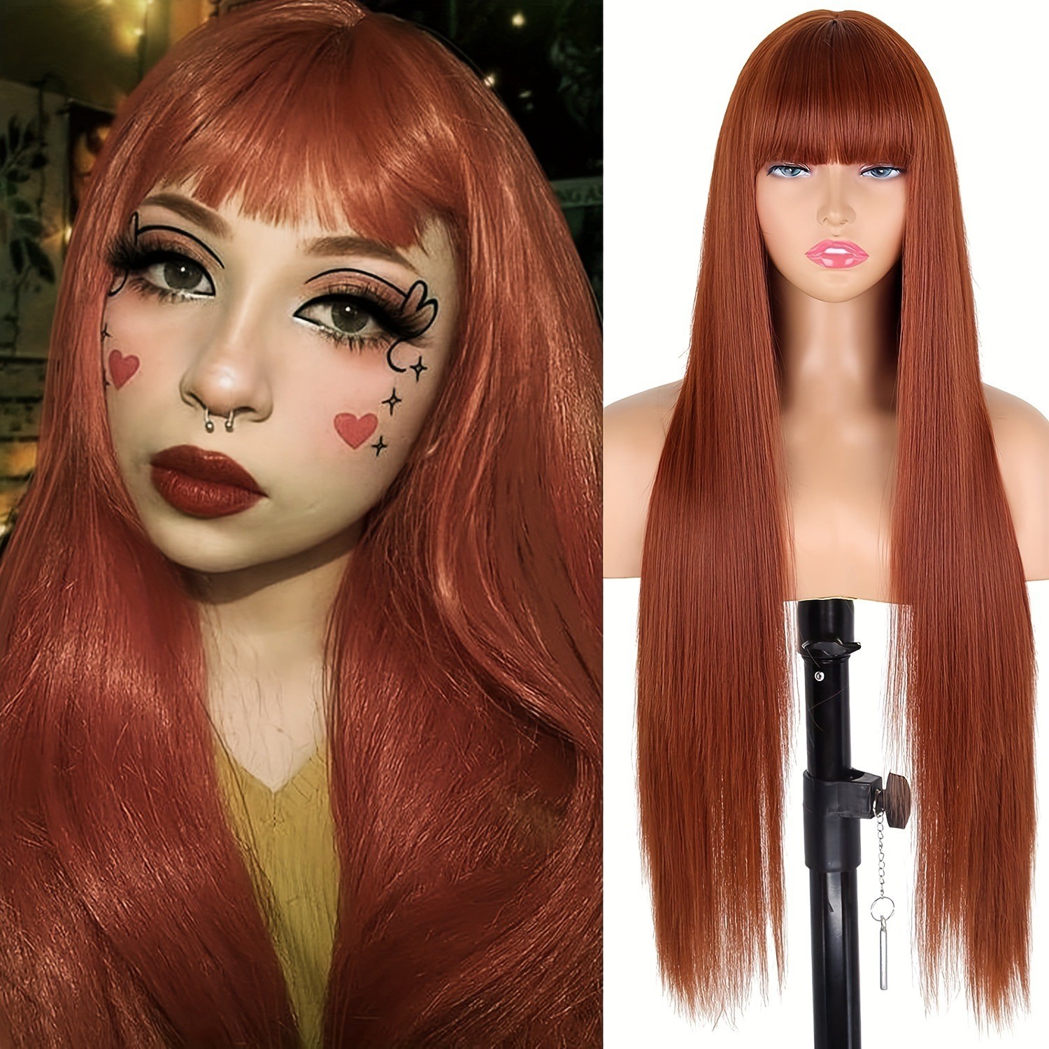 Long Straight Wig With Bangs For Women Multi Color Heat Resistant Synthetic