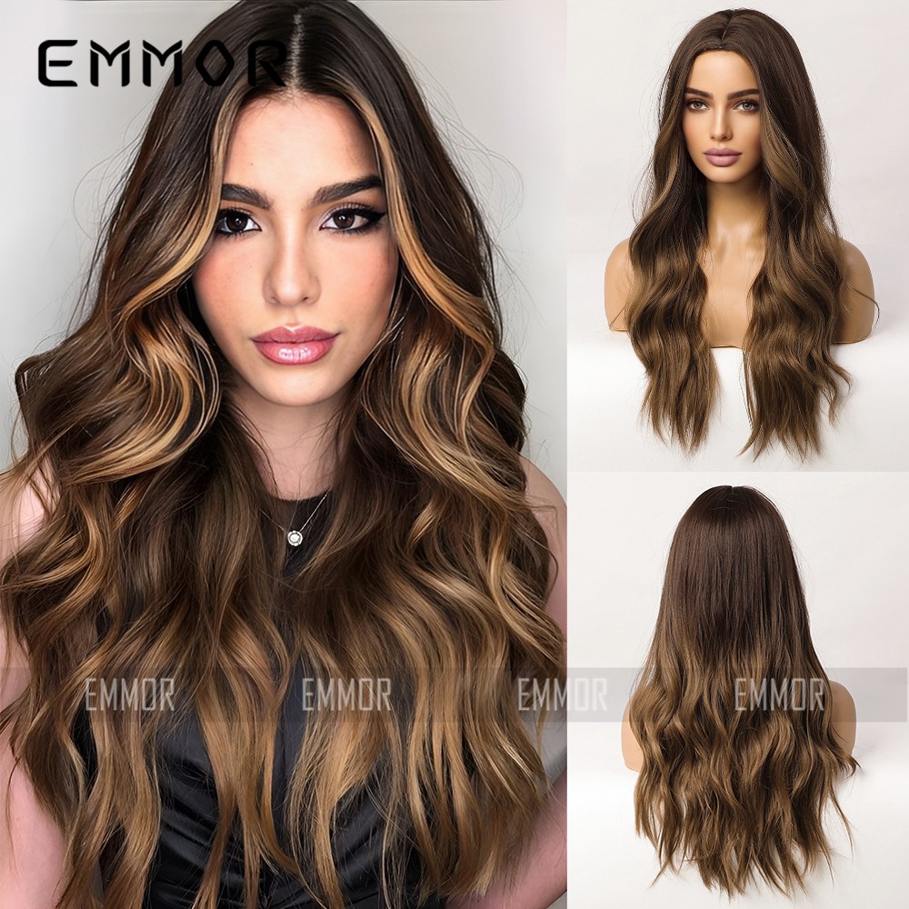 Middle Part Ombre Brown Balayage Long Curly Heat Resistant Synthetic Full Head