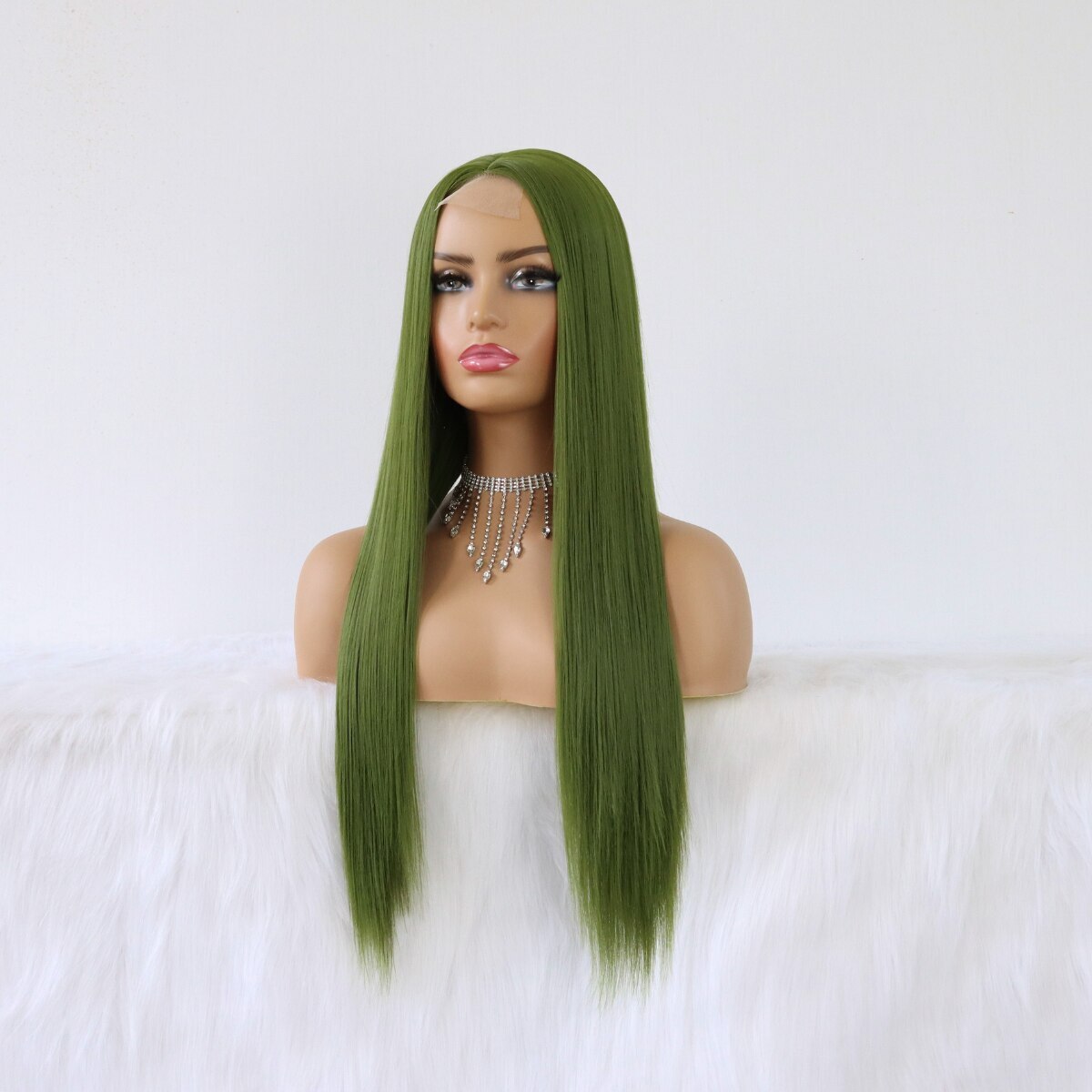 Olive Green Synthetic Hair Lace Wigs Long Straight Green Color Heat Resistant