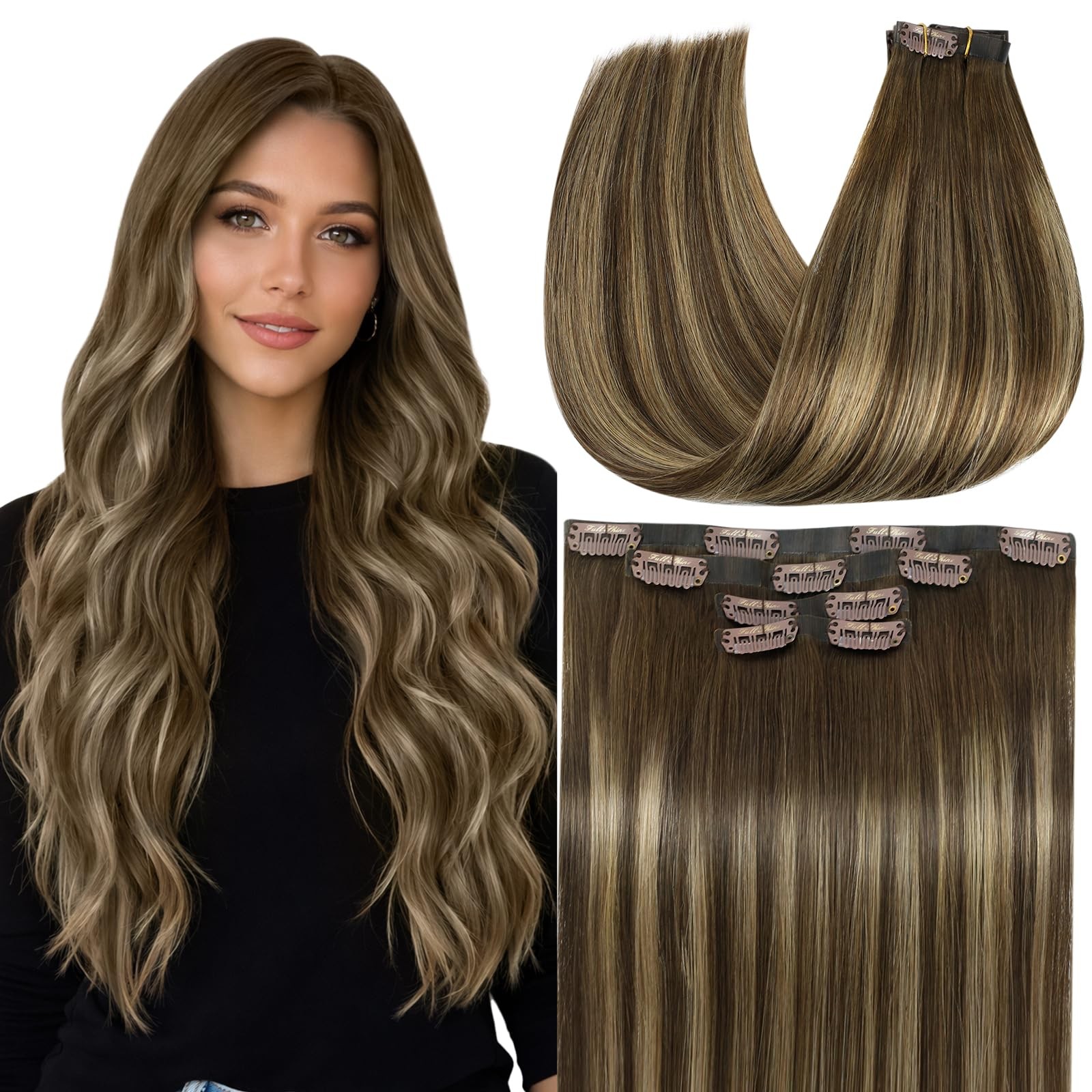 Hair Fill-ins Clip in, Balayage Brown Blonde 12 Inch 55g 4 Pcs