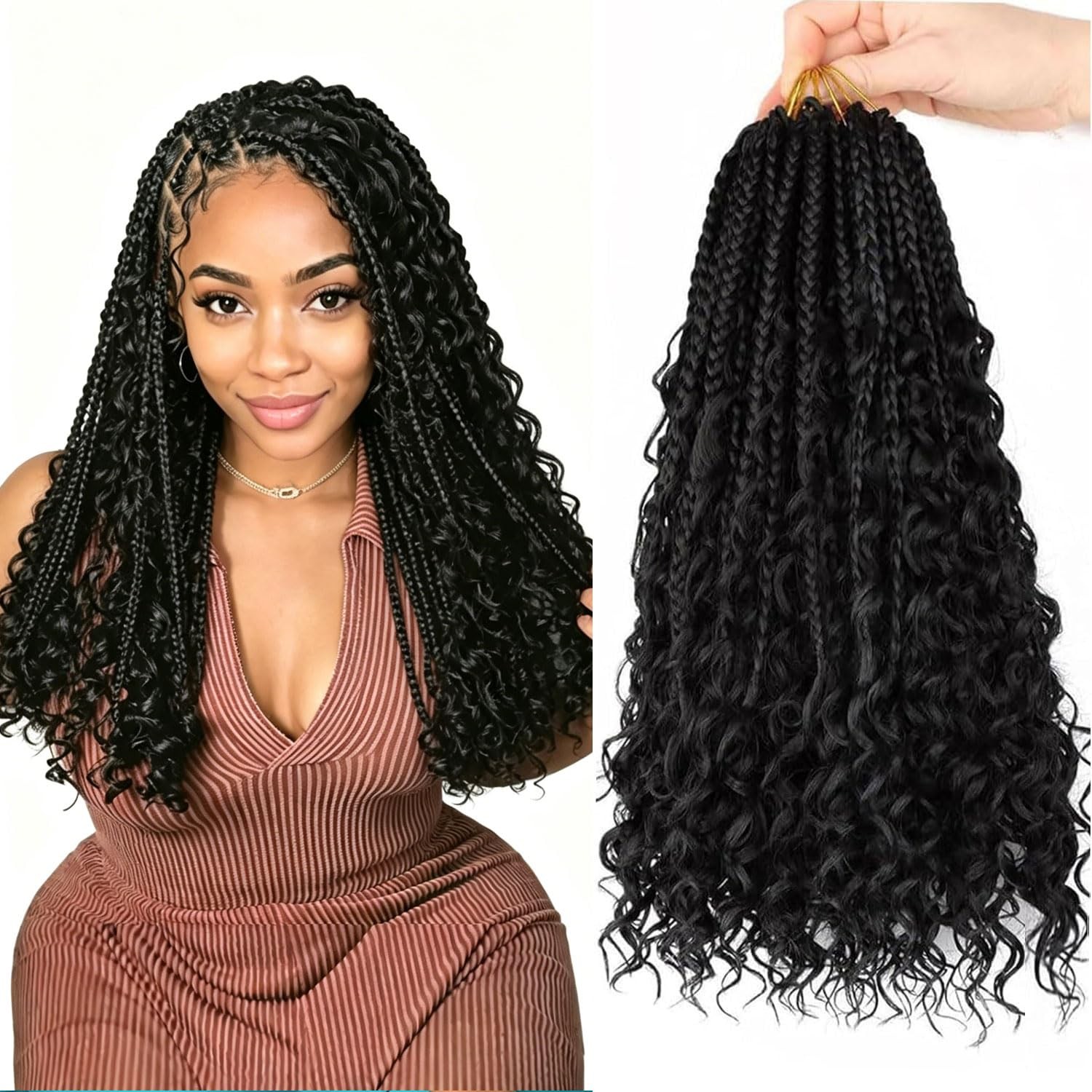 Goddess Box Braids Crochet Hair – 14 Inch Curly Ends, 8 Packs Bohemian Box Br…