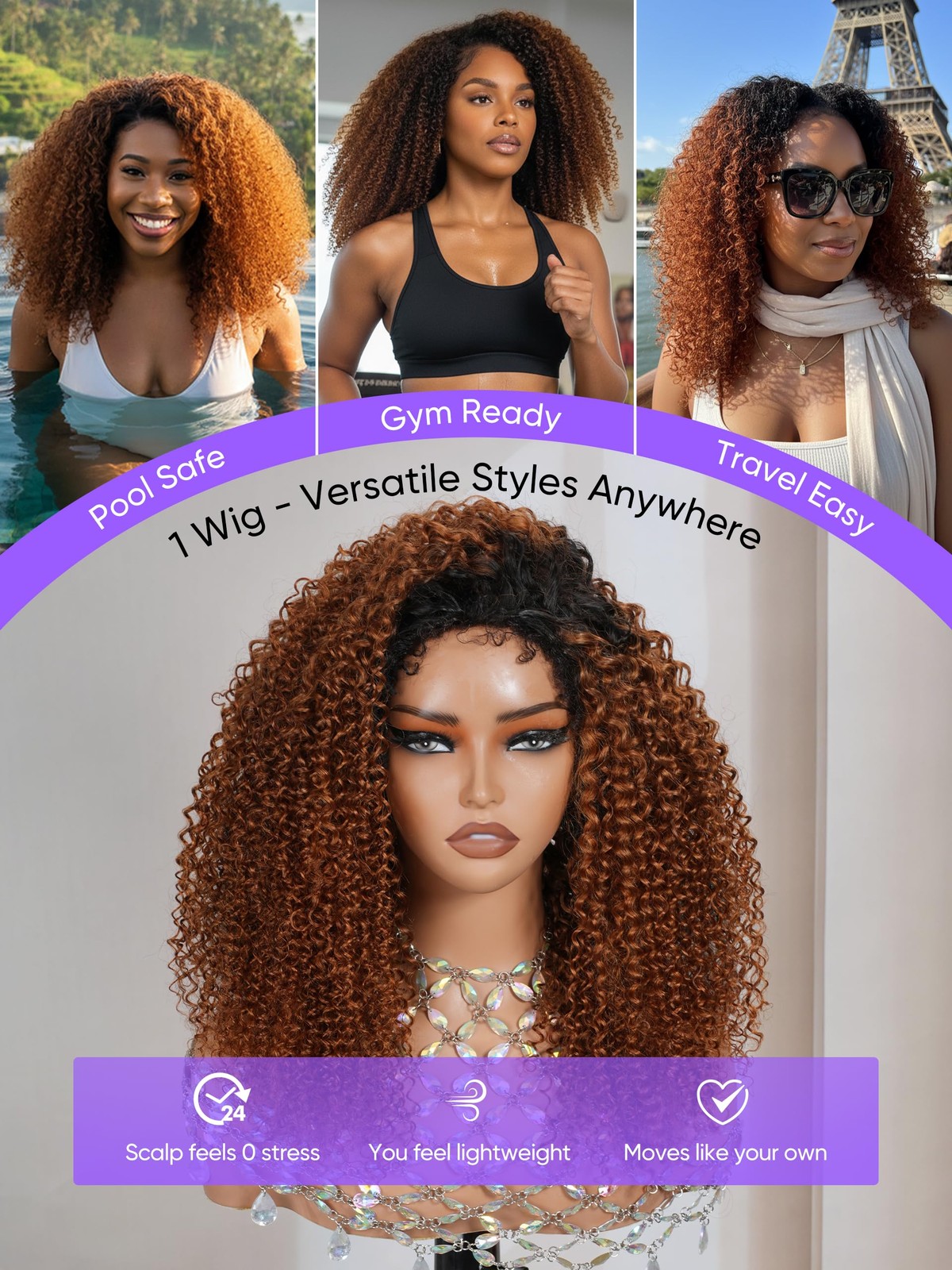 Wigchic T1B/30 Ombre Brown Kinky Curly Half Wig 10 Human Hair Over Glueless 4C