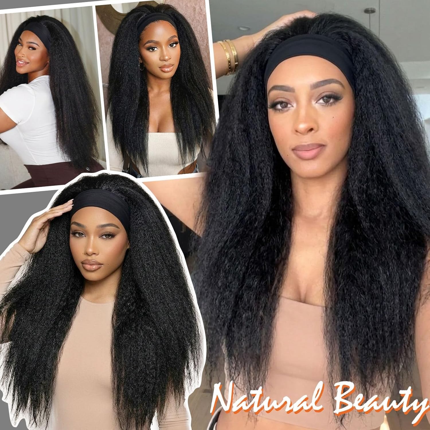 26 Inches Kinky Straight Headband Wig for Women Yaki Straight Wigs with Black…