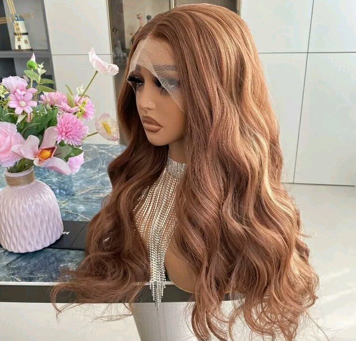 Long HD Transparent Lace Front Wig Auburn Red Red Blonde Human Hair Wavy Curls