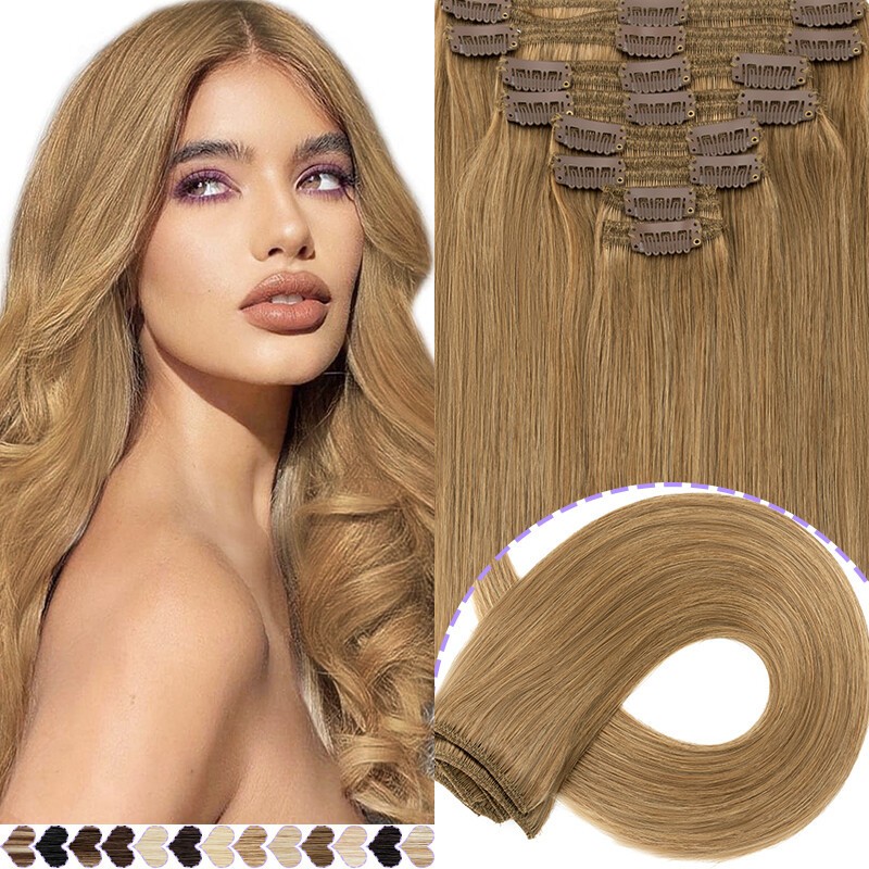 Clip in Remy Human Hair Extensions Double Weft Thick Hair Caramel Blonde24in120g