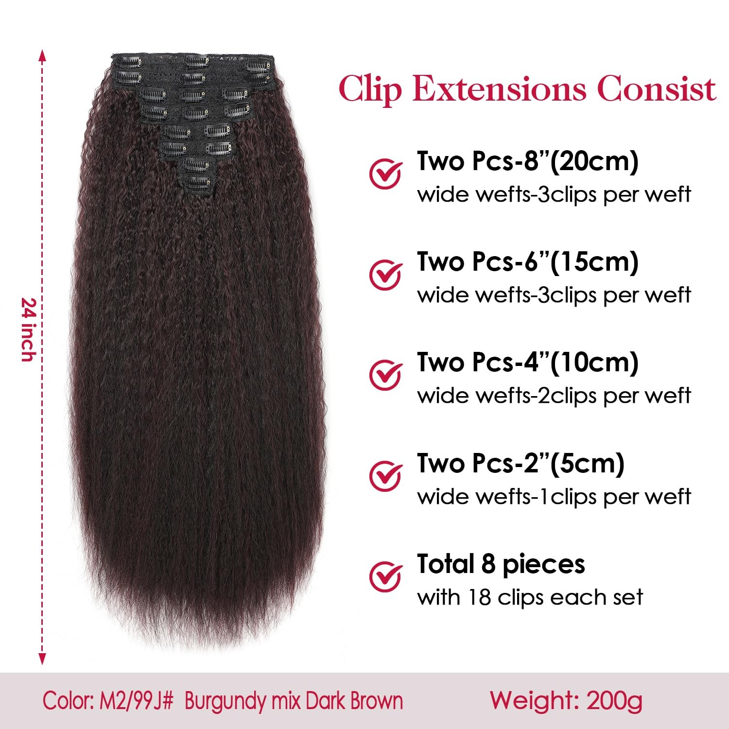 Kinky Straight Clip In Hair Extensions,24inch 200G 8pcs,100% Pure Protein Fib…