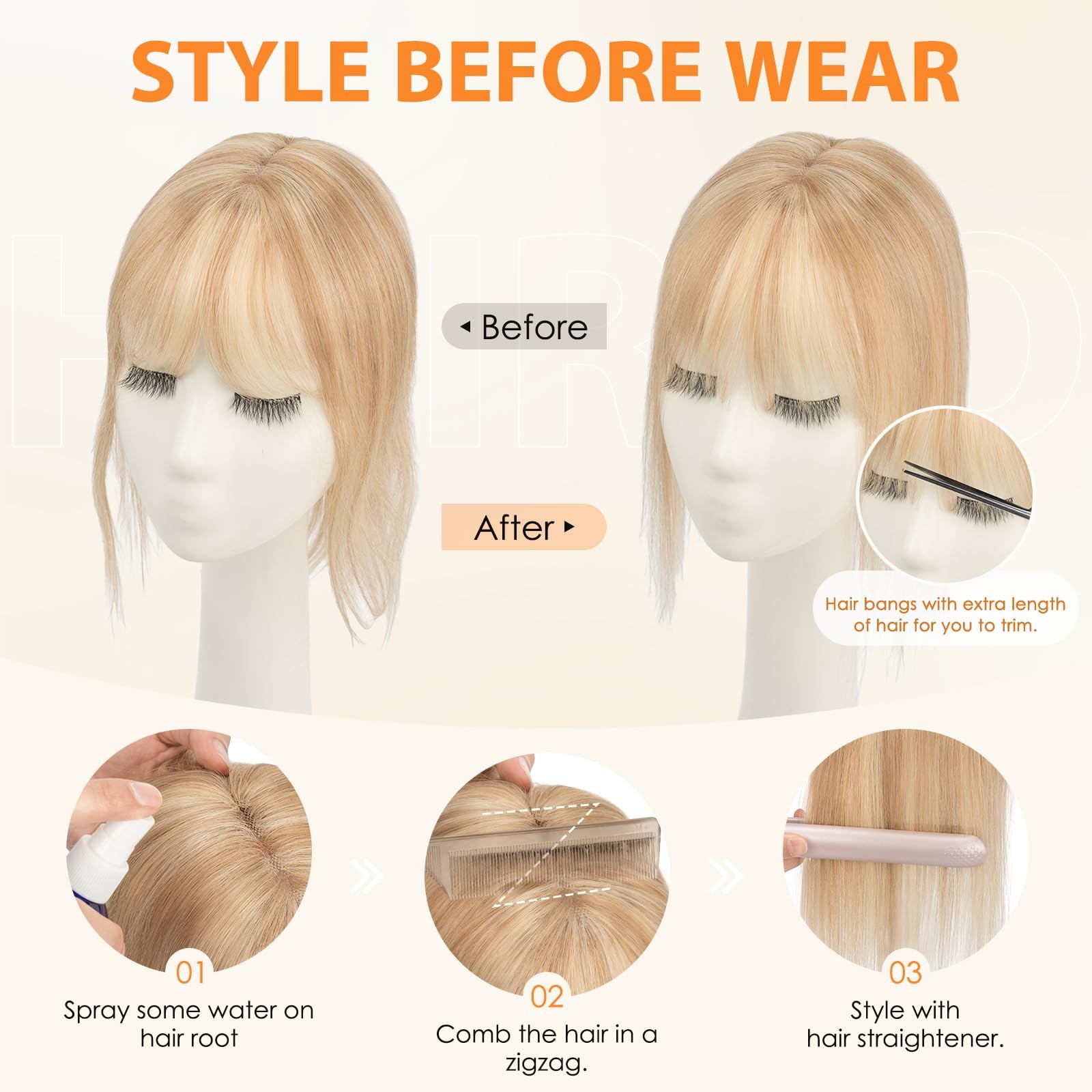 Hairro Human Hair Toppers For Women Wispy Air Bangs 3D Cover Remy Top Hair