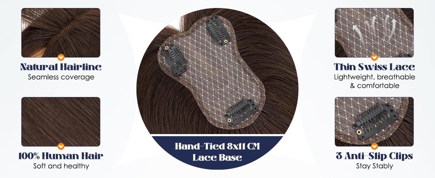 MY-LADY Human Hair Toppers for Women Real Human Hair with Air Bangs Hand-Tied Th