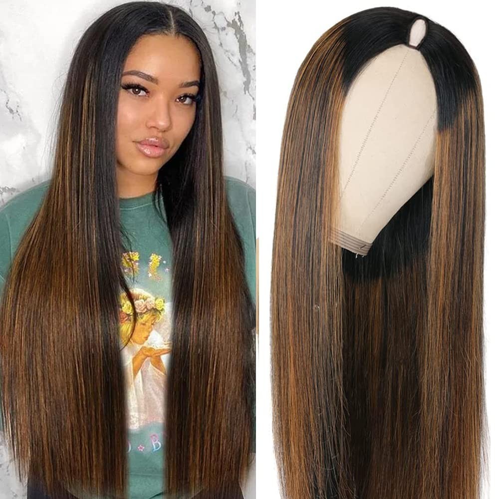 20″ Ombre V Part Wig Human Hair, No Leave Out, Straight U Part, Highlight Blonde