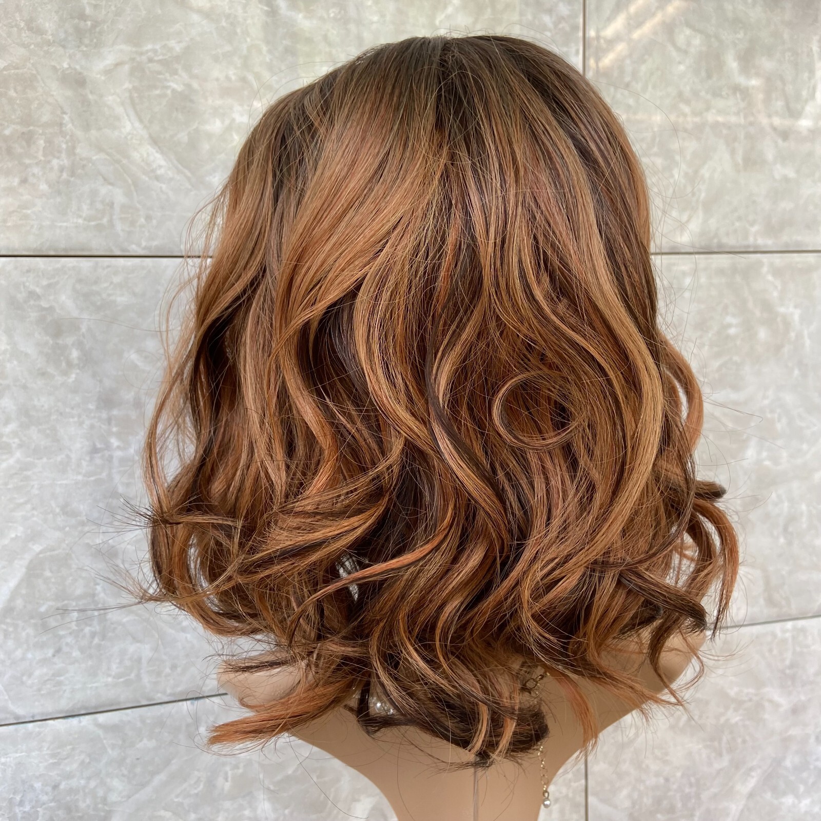 Medium Curly Wavy 100% Human Hair Blend Heat Ok Wigs Brown Mix Blonde Women Soft