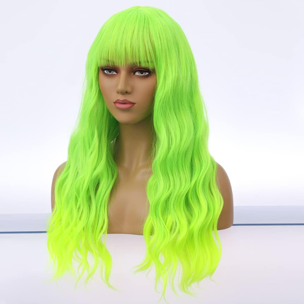26 Inches Green Wig Long Curly Neon Green Wig with Bangs for Women Daily Party H