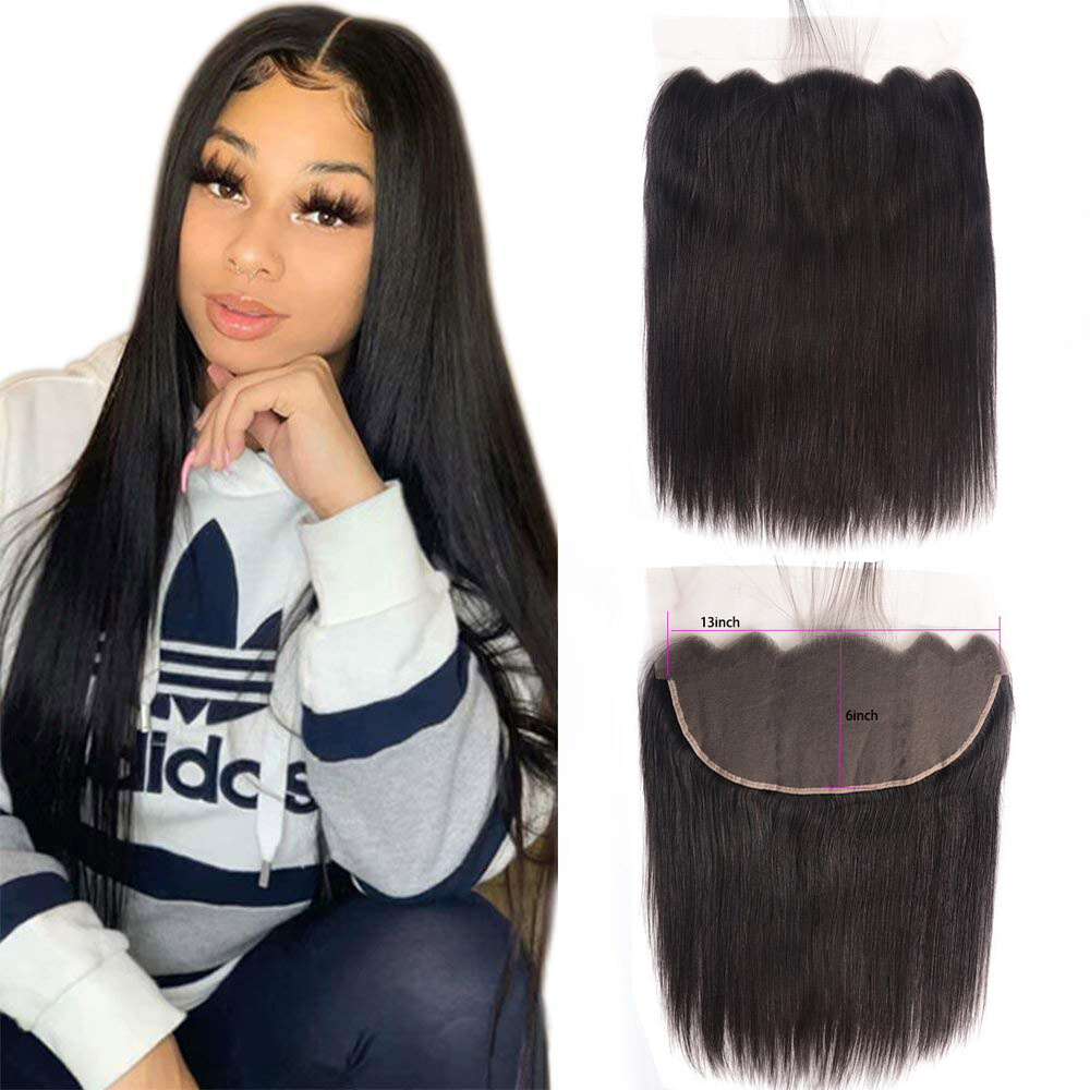 13*6 Transparent Lace Frontal Peruvian 100% Human Hair Straight 14-24Inch Black