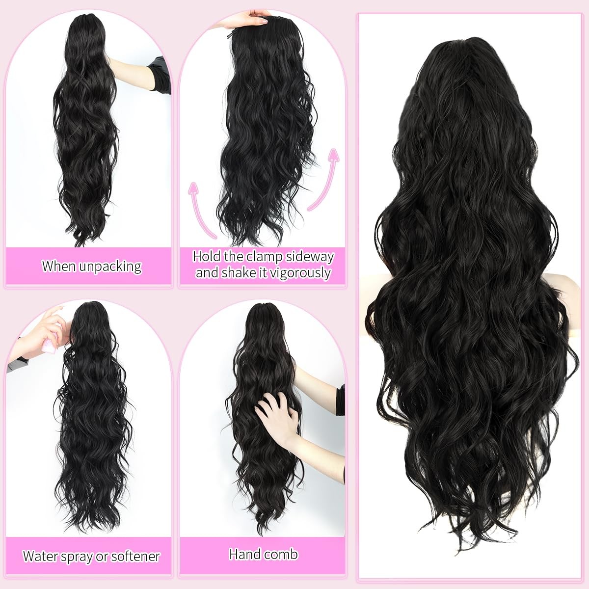 Ponytail Extension 26 Inch Wavy 200g Claw Clip Black – Easy to Wear Daily