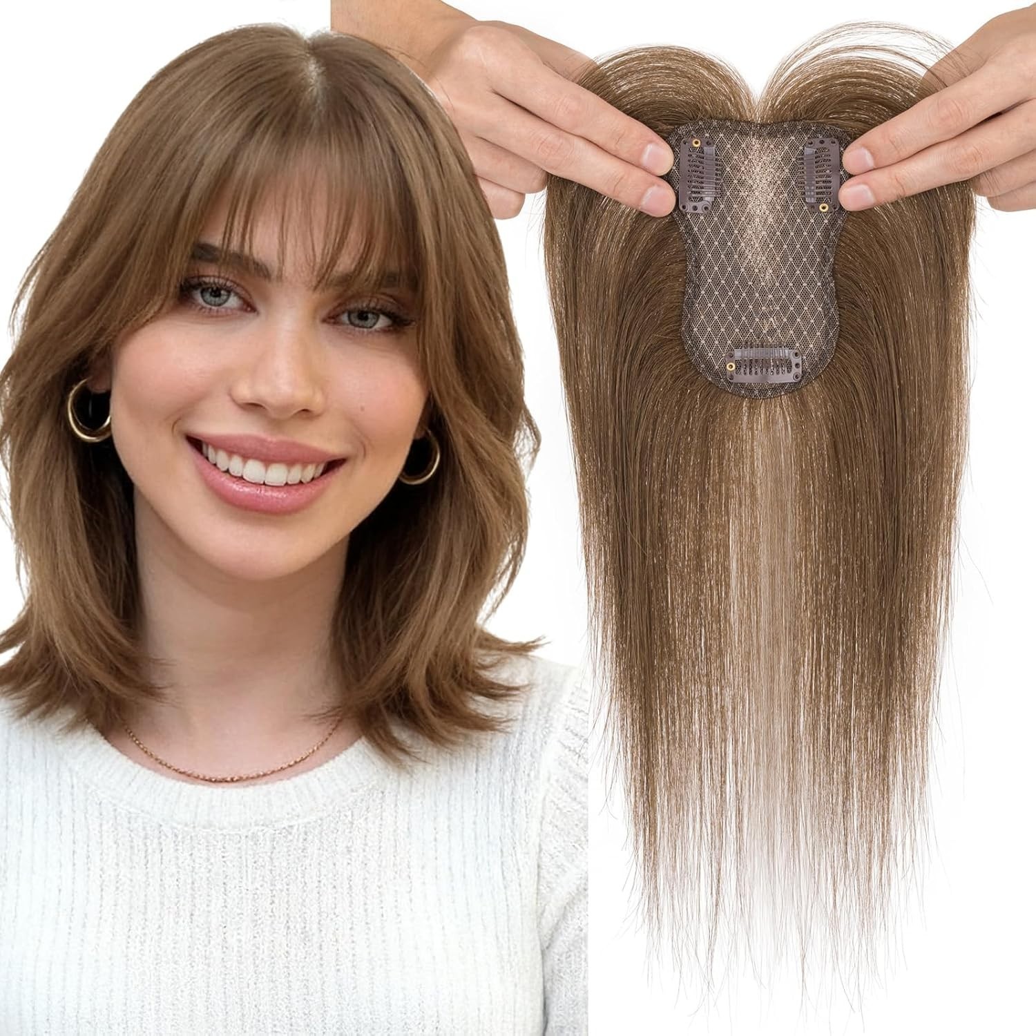 MY-LADY Human Hair Toppers for Women Real Human Hair with Air Bangs Hand-Tied Th