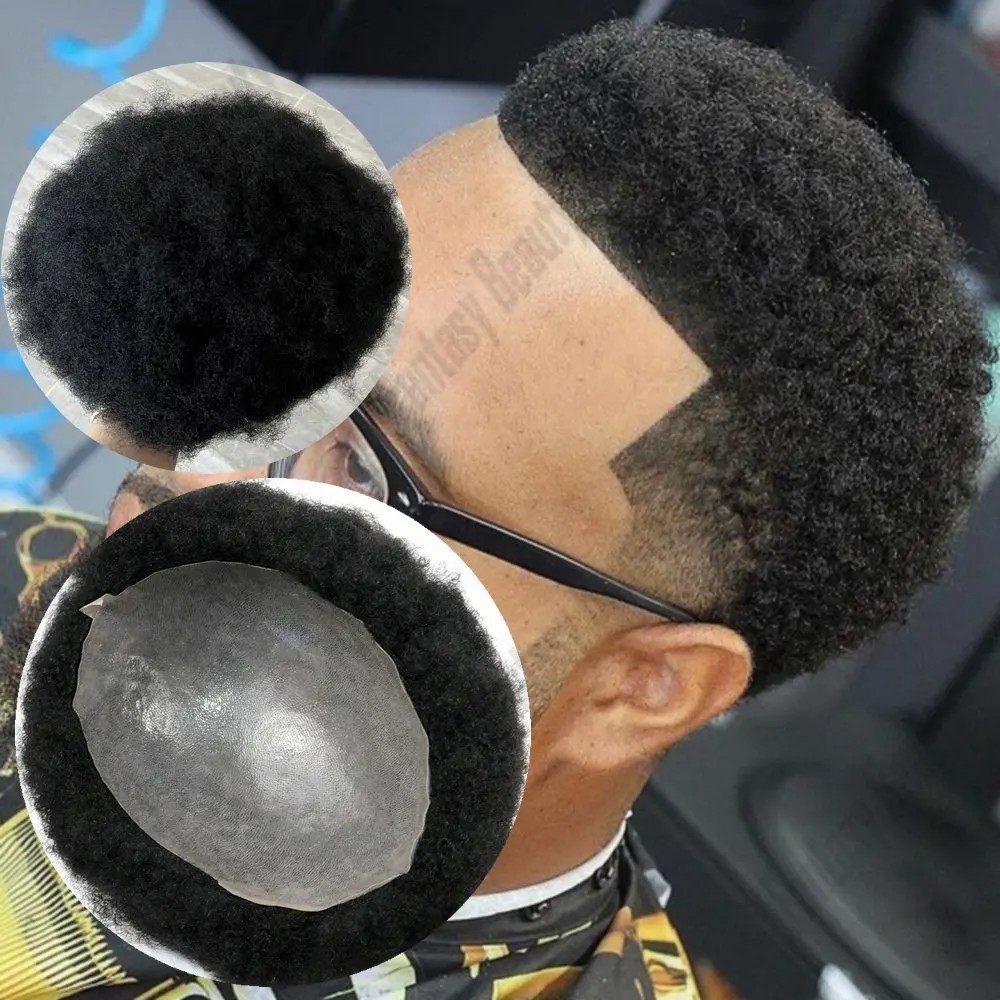 Afro Men’s 4mm Tight Curly Toupee Super Thin Skin Full PU Base 100% Human Hair