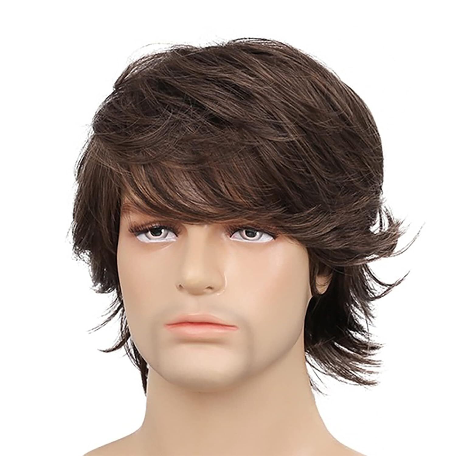 Men Brown Short Wigs Layered Natural Wavy Synthetic Hair Boys Male Wig Bangs USA