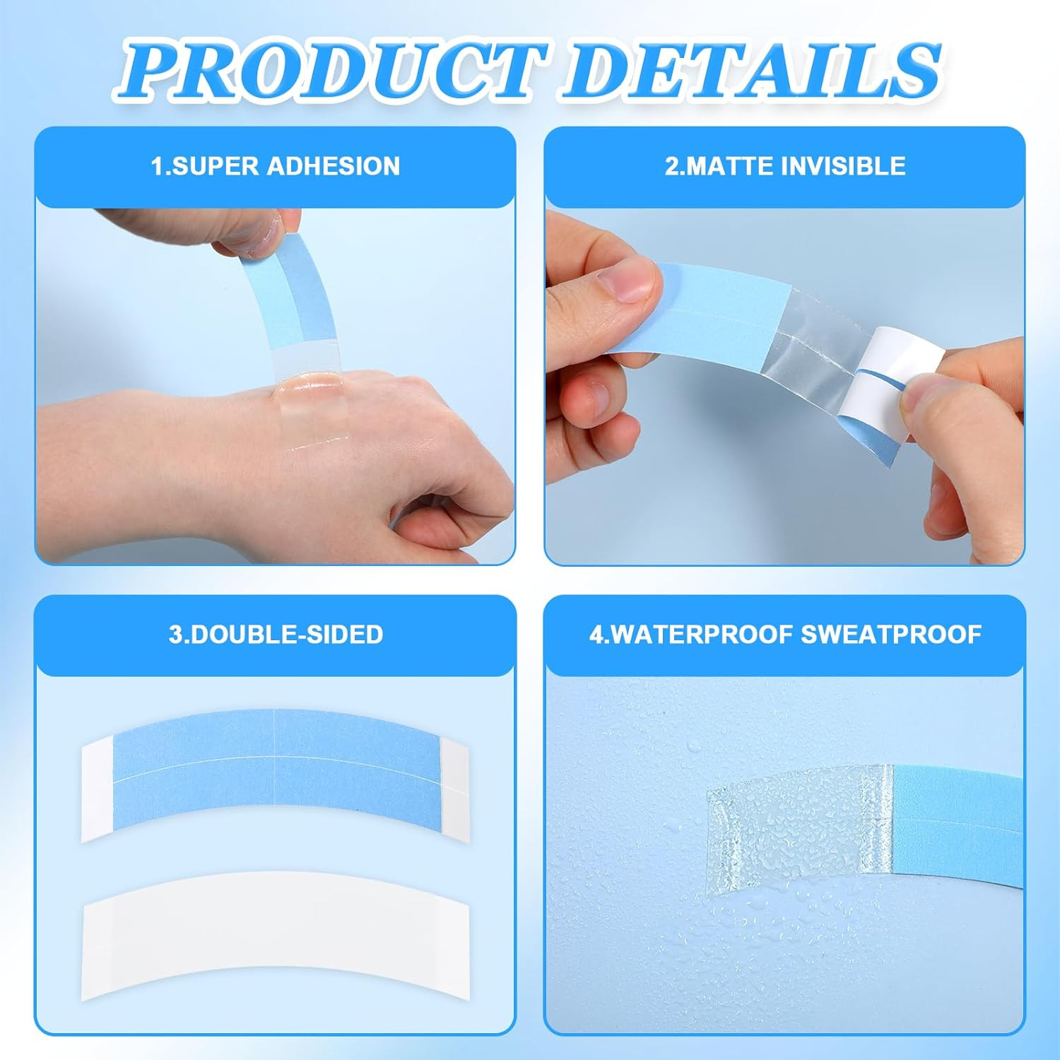 60 Pcs Waterproof Double-Sided Wig Tape for Lace Wigs & Toupees (Blue)