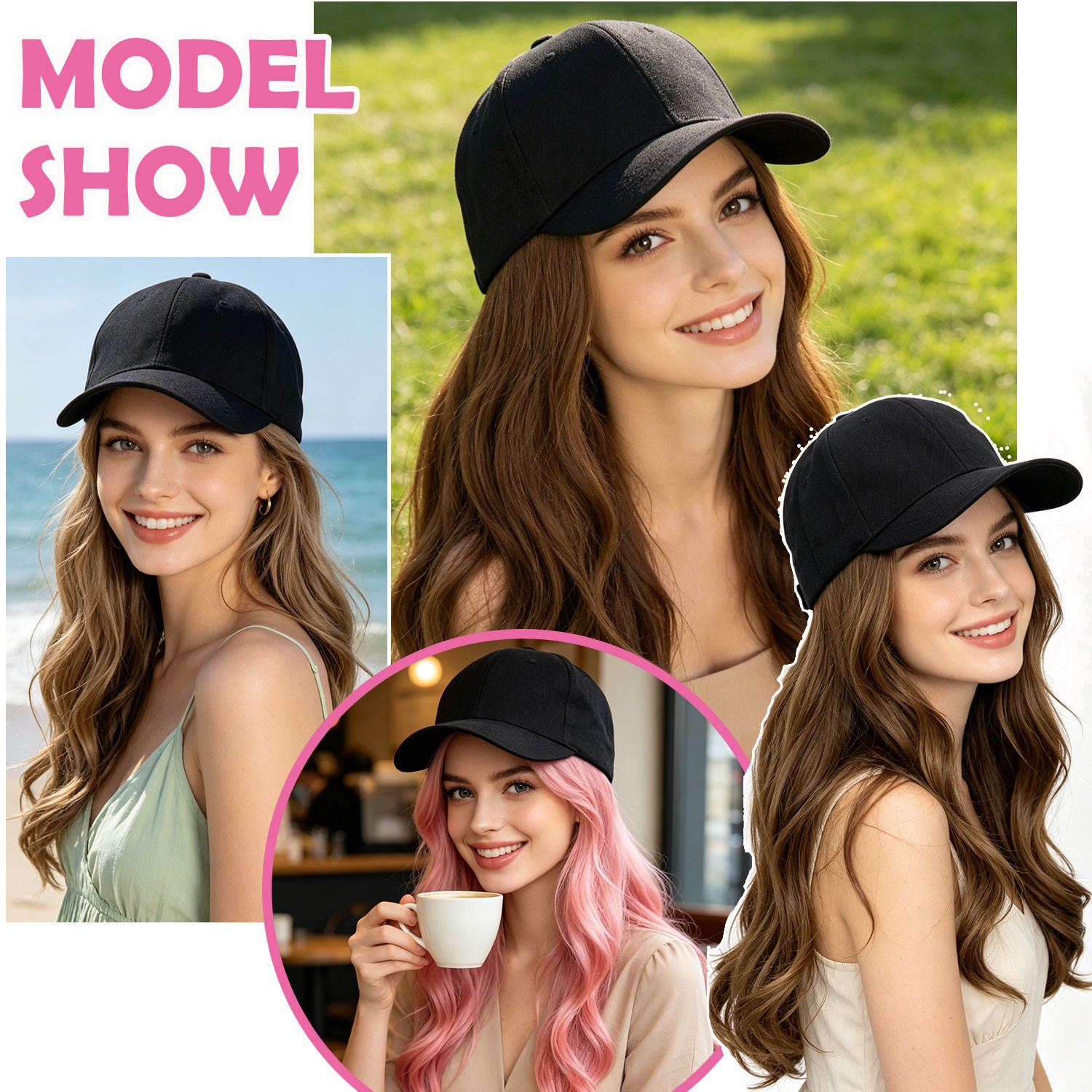 Instant Style 16″ Body Wave Cap Wig Adjustable Baseball Hat with Attached Hair M