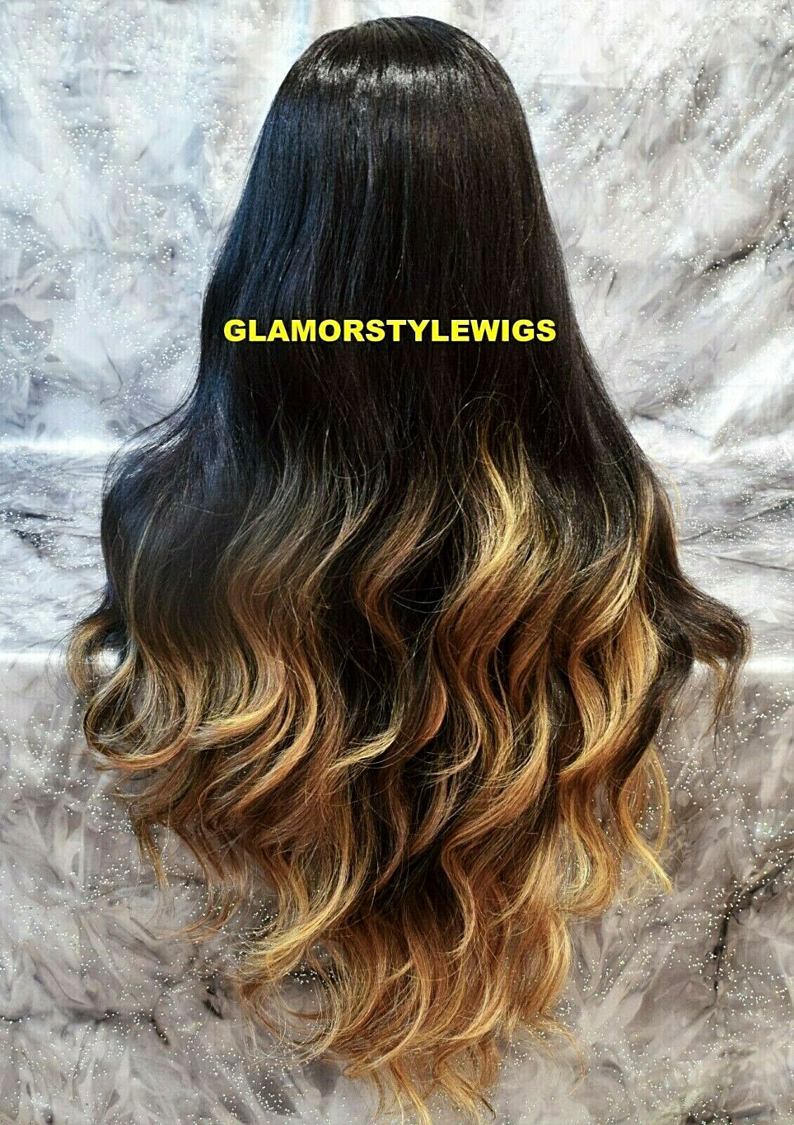 360 Free Part Human Hair Blend Lace Front Wig Long Ombre Brown Golden Blonde Mix