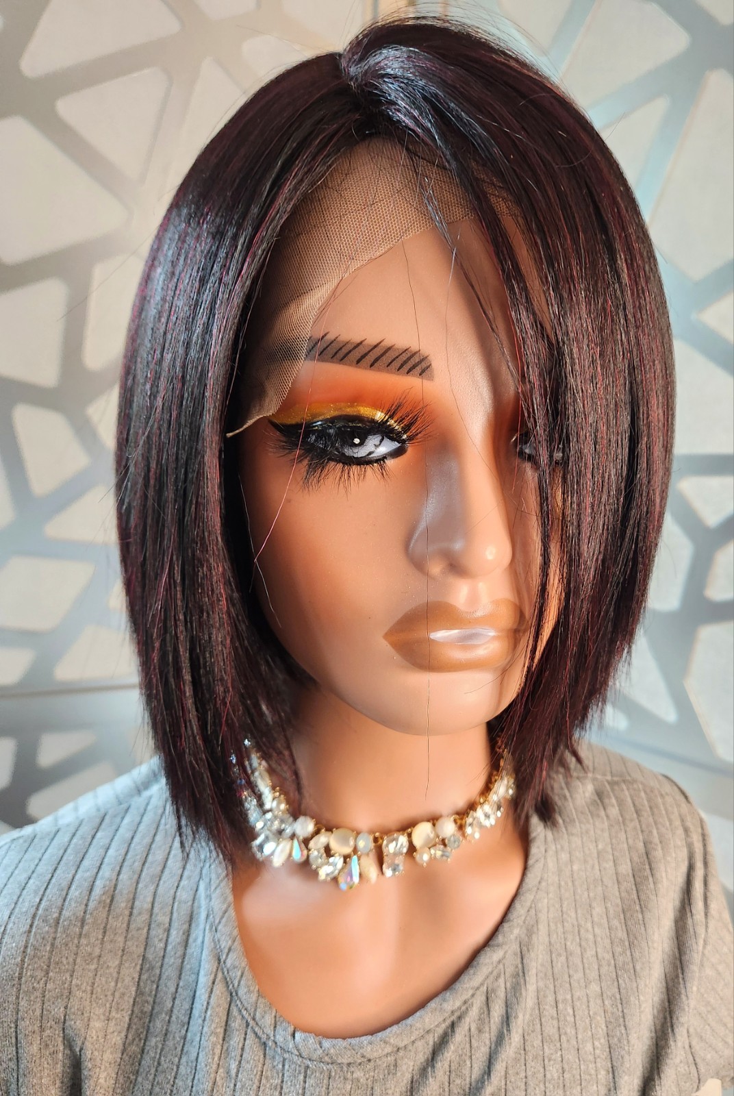 Burgundy Straight Wig Lace Front Human Hair Blend Short Brown Wig Glueless 99J