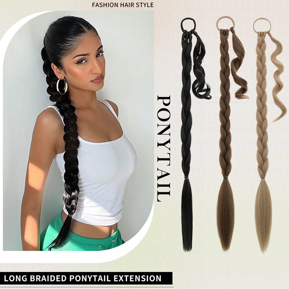 34″ Long Braided Ponytail Extensions Real As Human Hair Straight Hair Pony tail