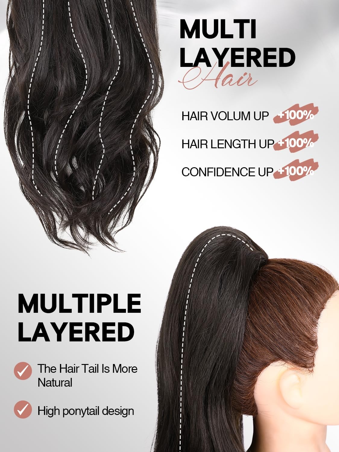 Ponytail Extension 26 Inch Dark Brown Wavy Layered Drawstring – Easy to Install