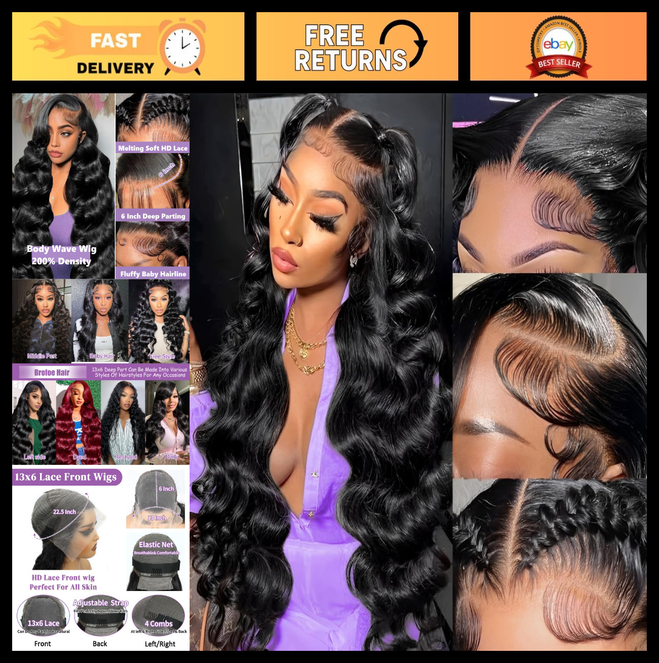 32″ 13×6 Lace Front Wig Human Hair 200 Density Body Wave HD Lace – Pre-Plucked,