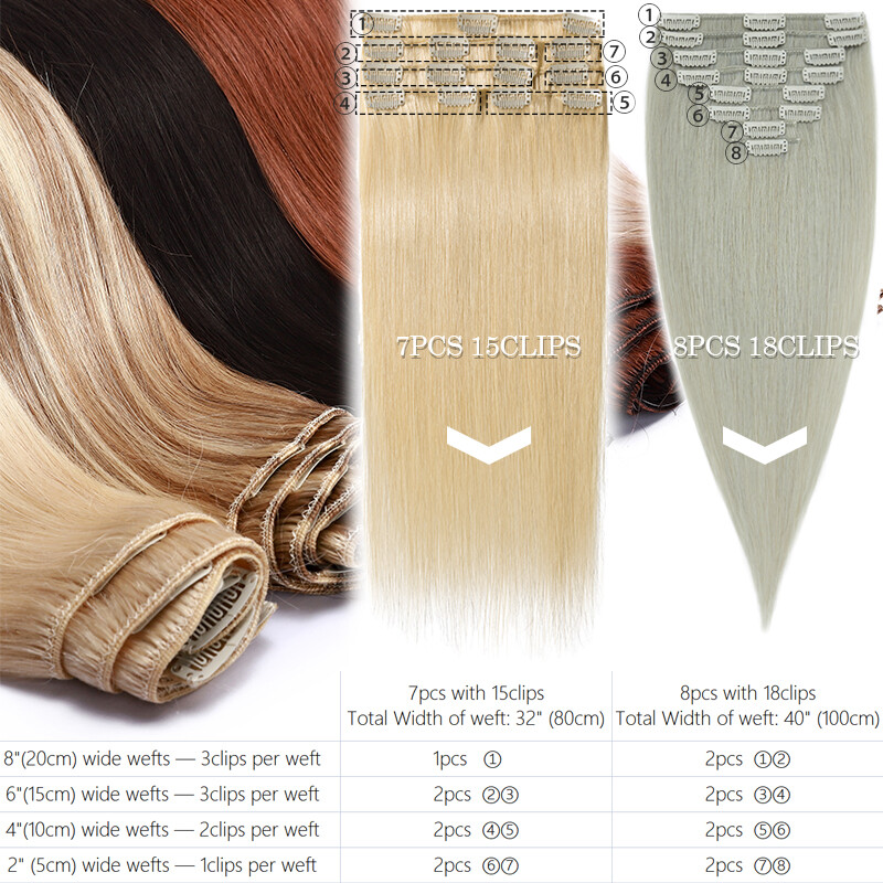 Real Remy Human Hair Extensions Clip in 8Pieces Blonde Full Head 16/18/22/24Inch