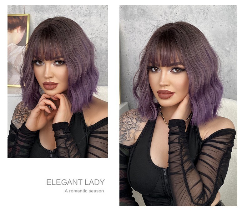 10-inch purple Bob short wavy curly wig with wave patterns