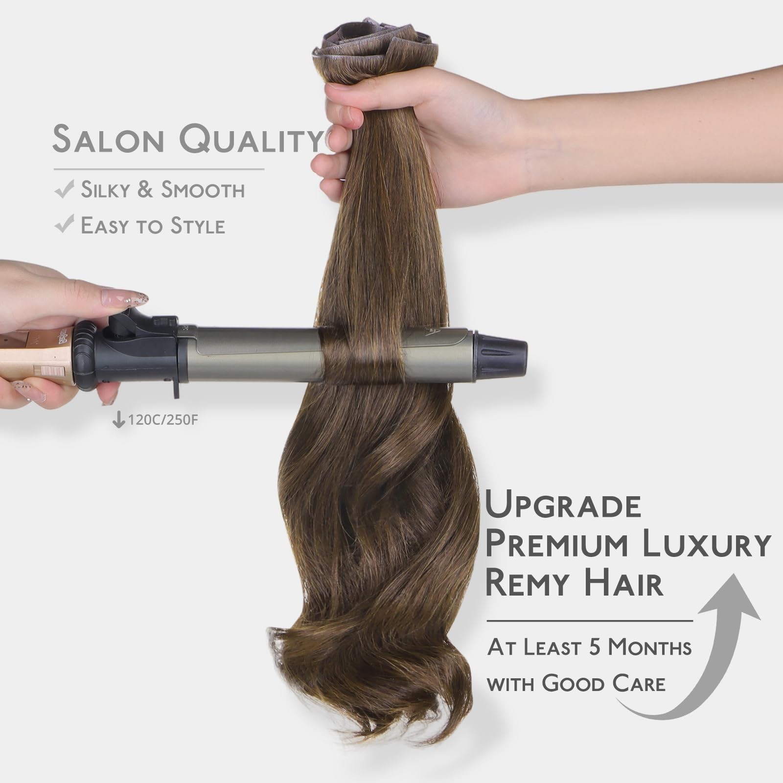 Seamless Clip-In Hair Extensions 18″ 130g Real Human Hair, Muted Light Brown, 7p
