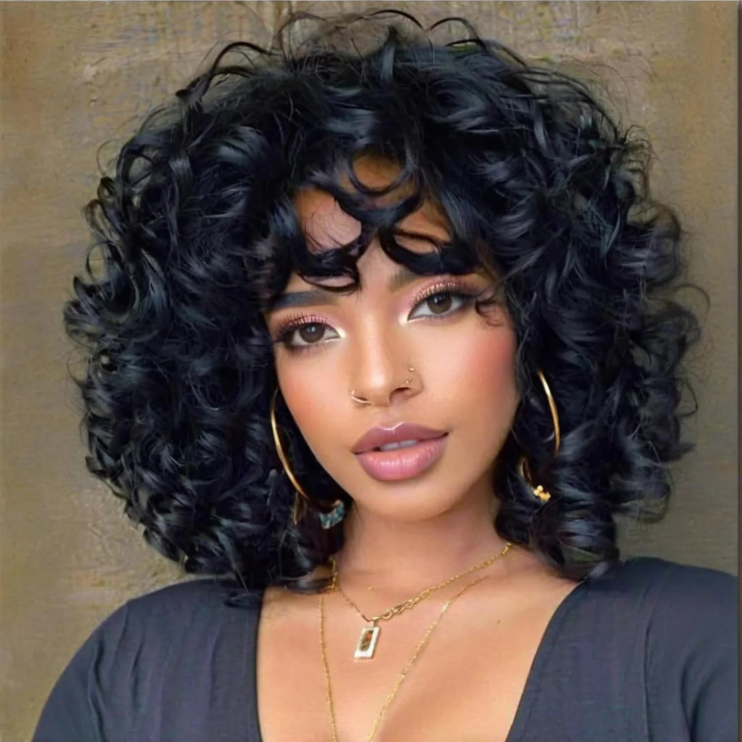 Short Curly Wigs for Black Women Soft Black Big Curly Wig with Bangs Afro Kinky